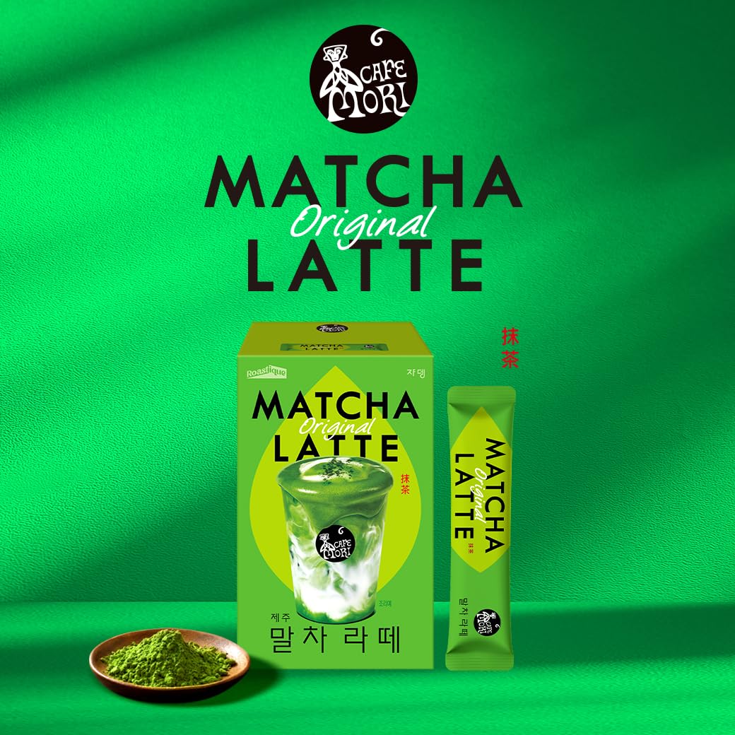 ROASTIQUE Official Café Mori Jeju Matcha Latte, 10 Sticks, 90 Calories, Ceremonial Grade Green Tea Powder Sweetened Café Quality Drink Mix, Original, 7 oz