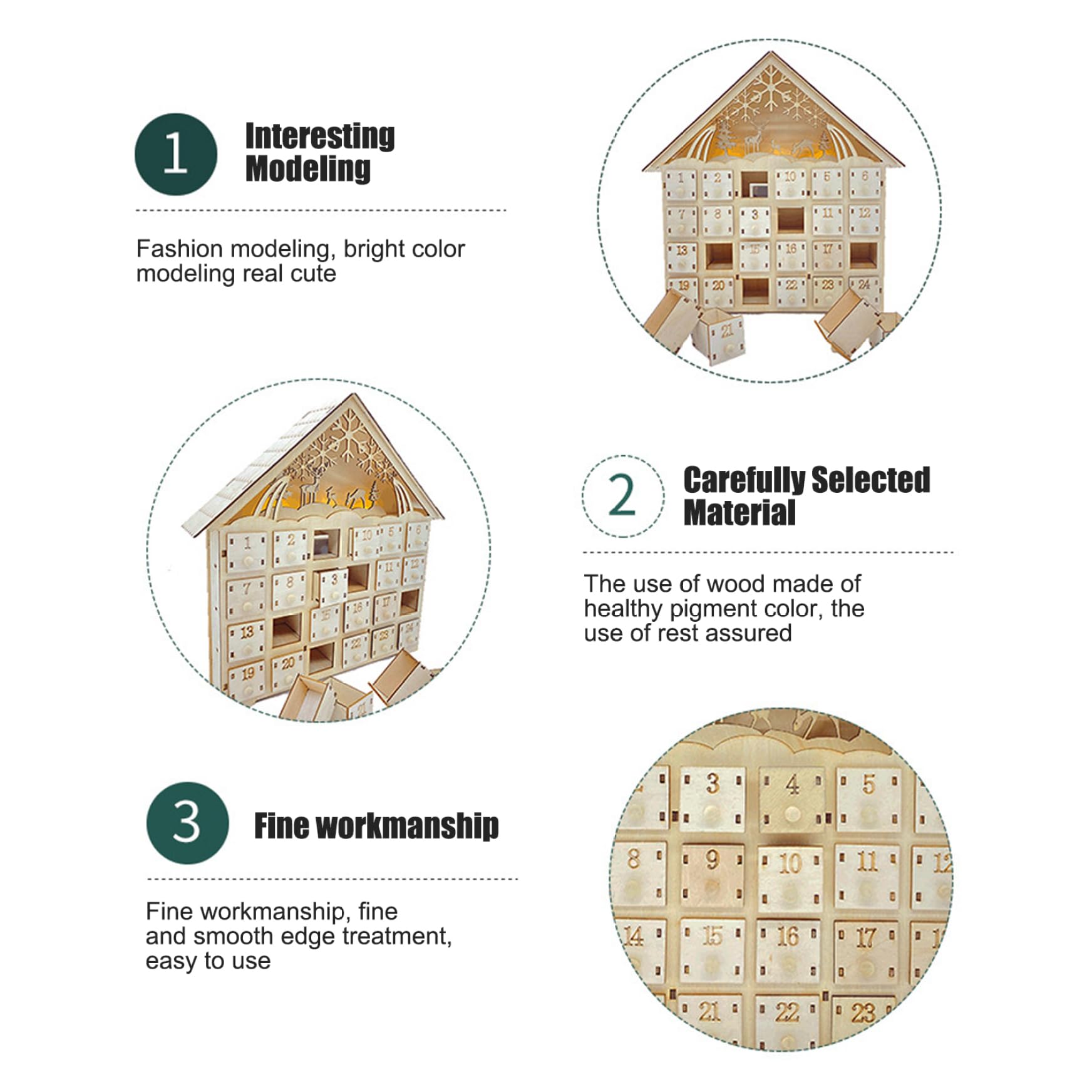 Calendario de Adviento de madera con 24 cajones, LED de cuenta atrás vacía para decoración navideña