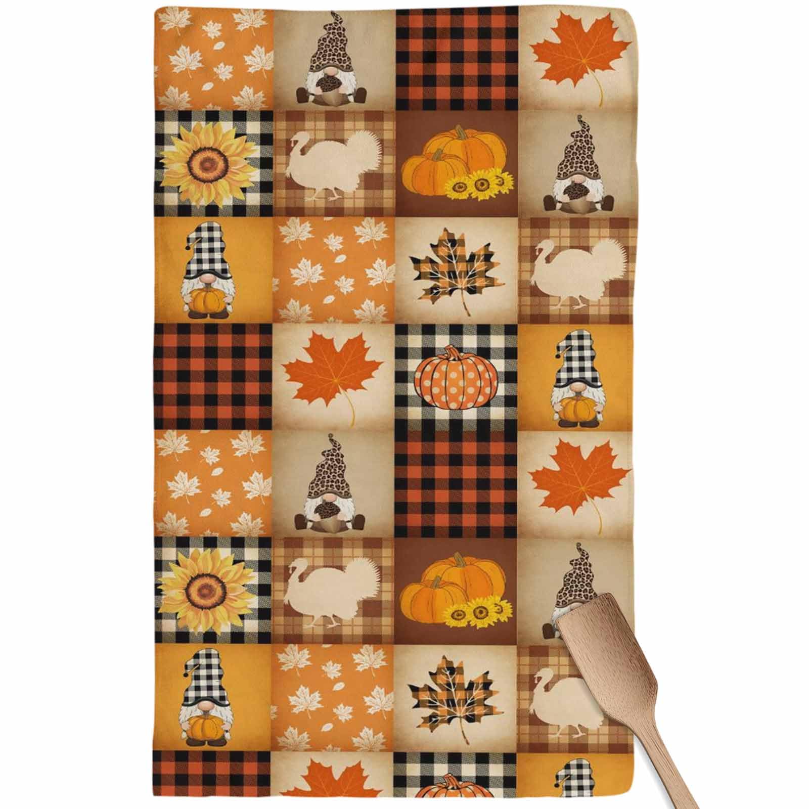Fall Kitchen Towels Gnome Turkey Pumpkin Thanksgiving Hand Towels Buffalo Check Plaid Dish Towel Cleaning Cloth Soft Absorbent Quick Drying Dish Cloths for Kitchen, Bathroom Autumn Decoration