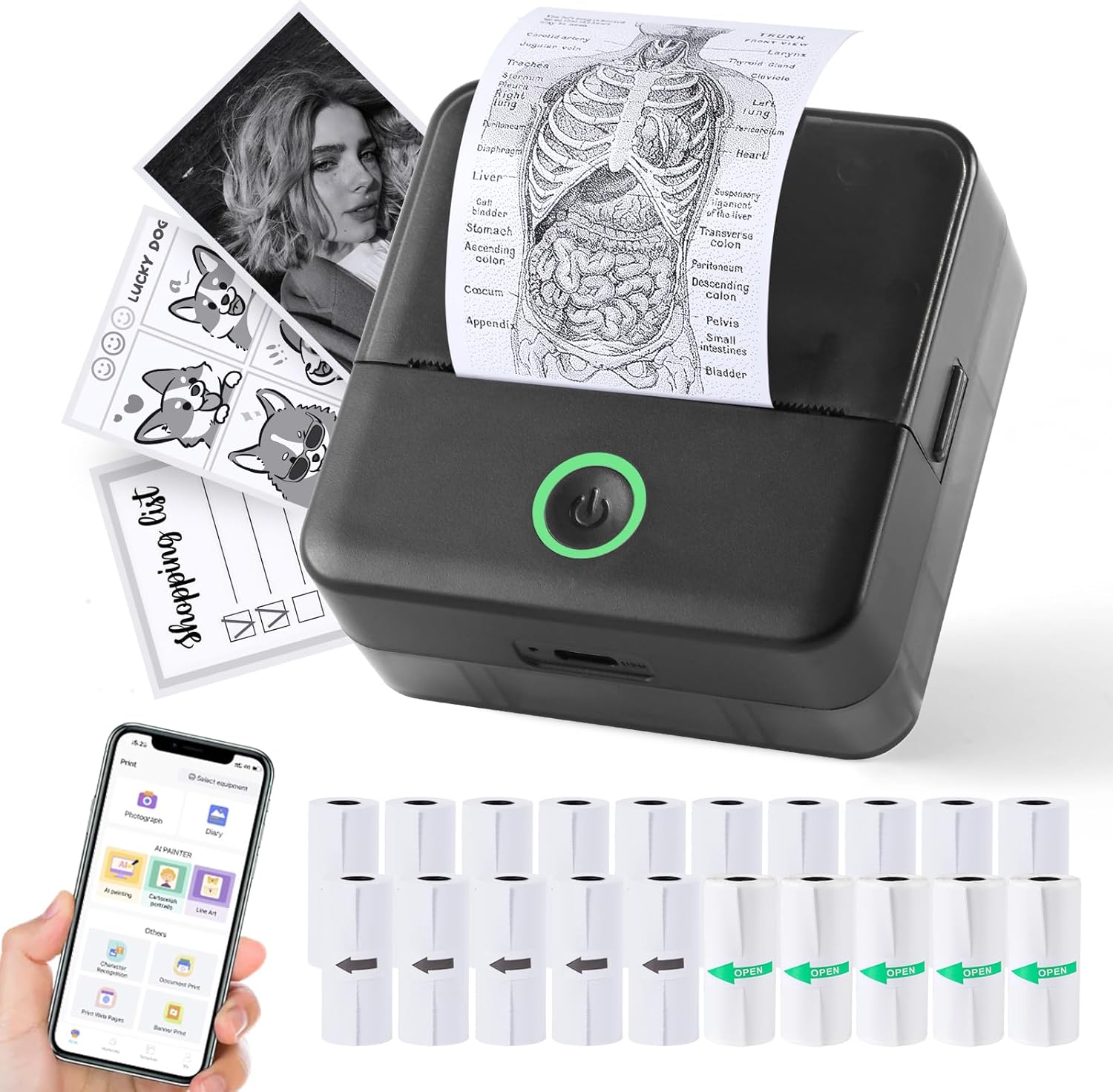 Print Pods Mini Printer, Thermal Inkless Sticker Maker with 20 Rolls Printing Paper, Pocket Printpod for phone, Impresora Portátil for Notes, Flashcards, Journal, DIY, Compatible with iOS & Android