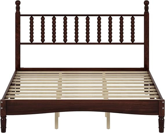 Walnut Queen Wood Bed Frame with Spindle Headboard, Retro Platform Beds Frames with Wooden Slat Support, Mattress Foundation, Under Bed Storage, No Box Spring Needed, Easy Assembly (Walnut)