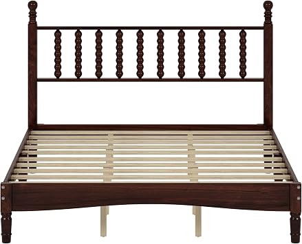 Walnut Queen Wood Bed Frame with Spindle Headboard, Retro Platform Beds Frames with Wooden Slat Support, Mattress Foundation, Under Bed Storage, No Box Spring Needed, Easy Assembly (Walnut)