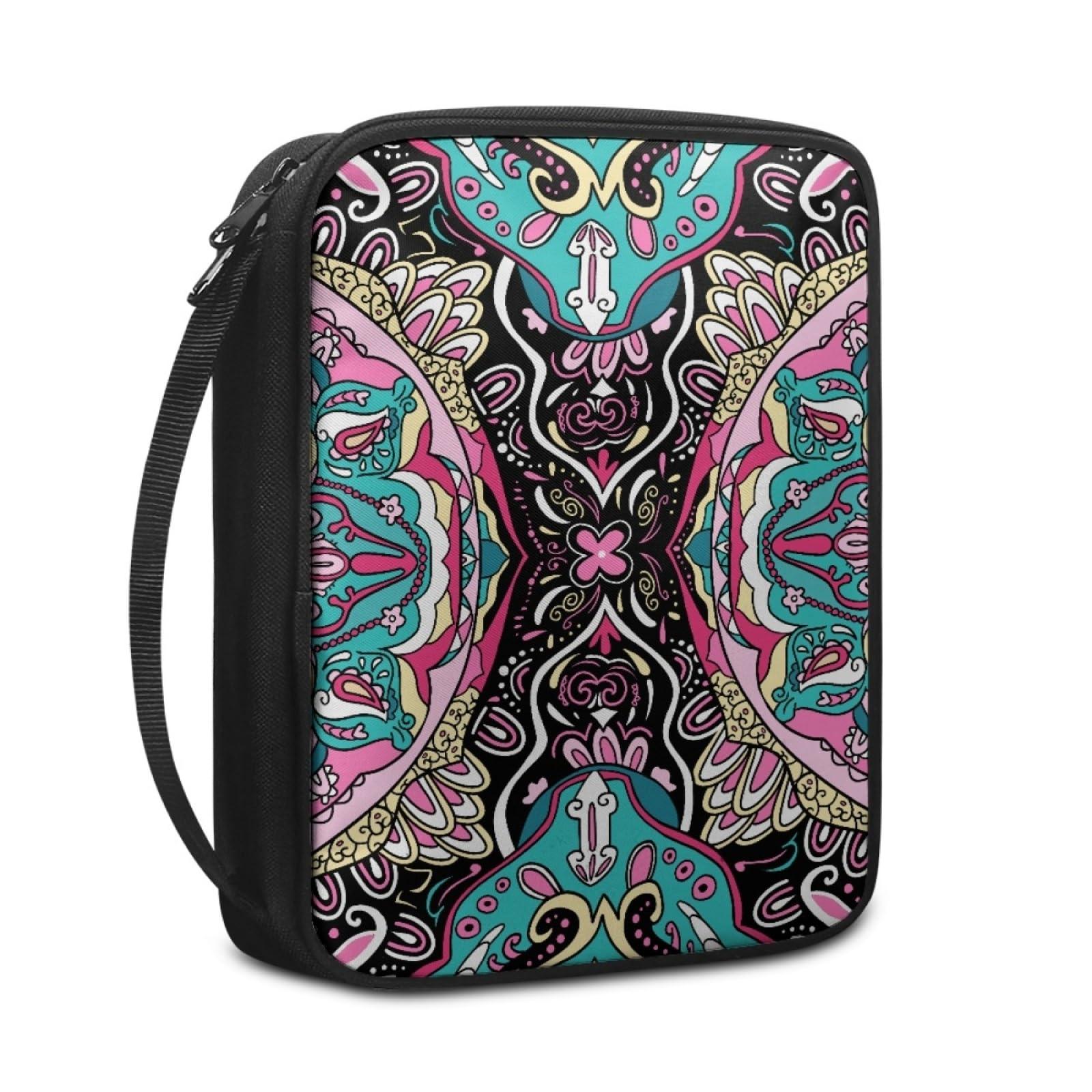 Custodia Libro Bohemian Rosa Nero Copertura Bibbia con Manico Cerniera Tela in Poliestere per Uomo Donna Porta Libro Grandi Capacità Custodia per Libri 27.5x22.5x5.5 cm