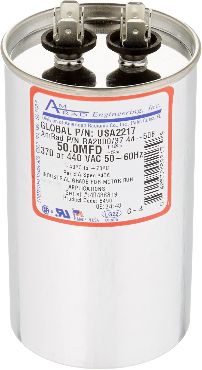 AMRAD ENGINEERING USA2217 Round USA-Made Motor Run Capacitor, 50 Mfd, 370/440 Vac-132332