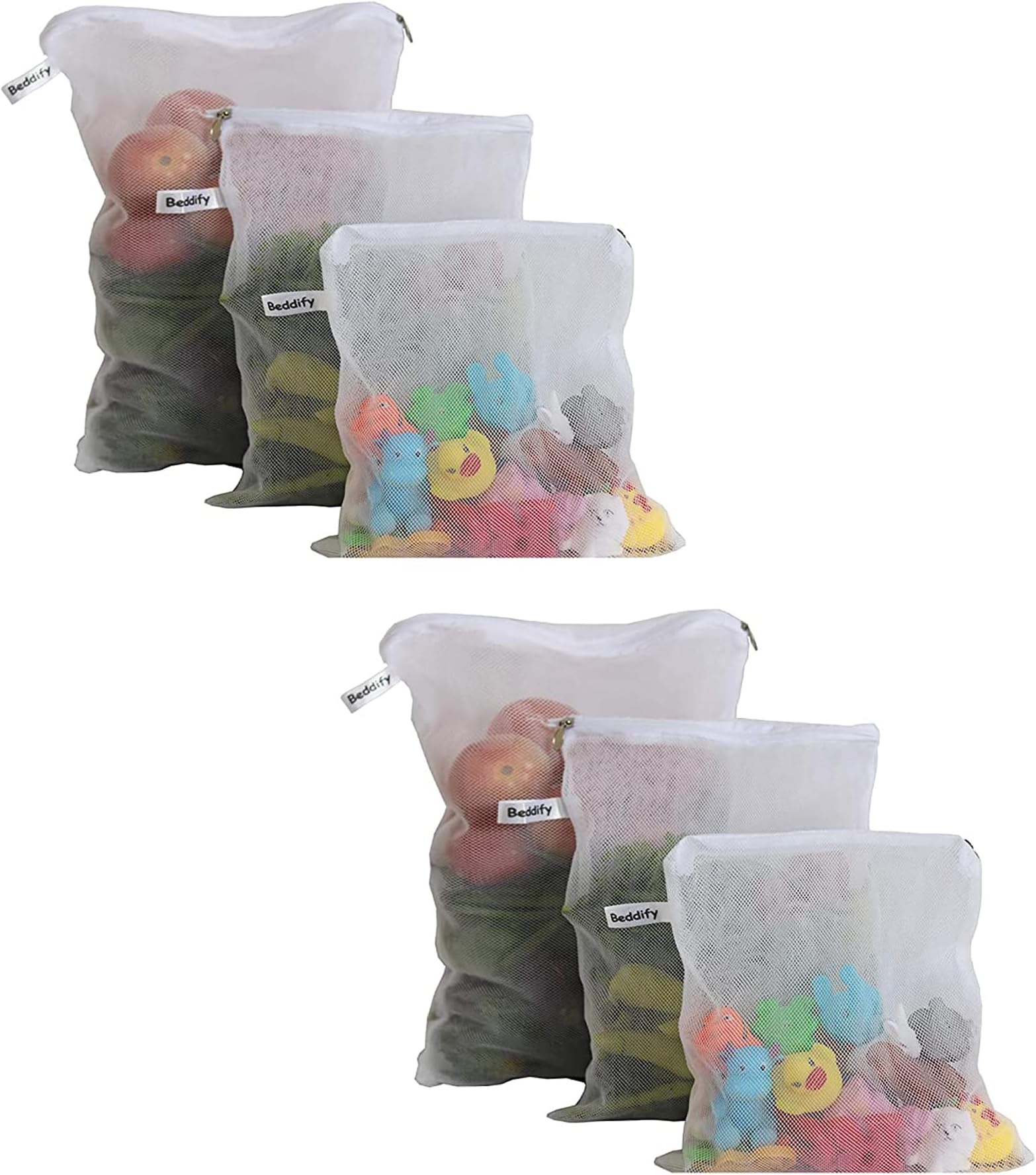 Beddify Set of 6 Reusable Fridge Storage Bags for Vegetables and Fruits with Zipper Dual Layer Mesh Net Multipurpose Multi-Size Kitchen Storage Bags Organizer (White)