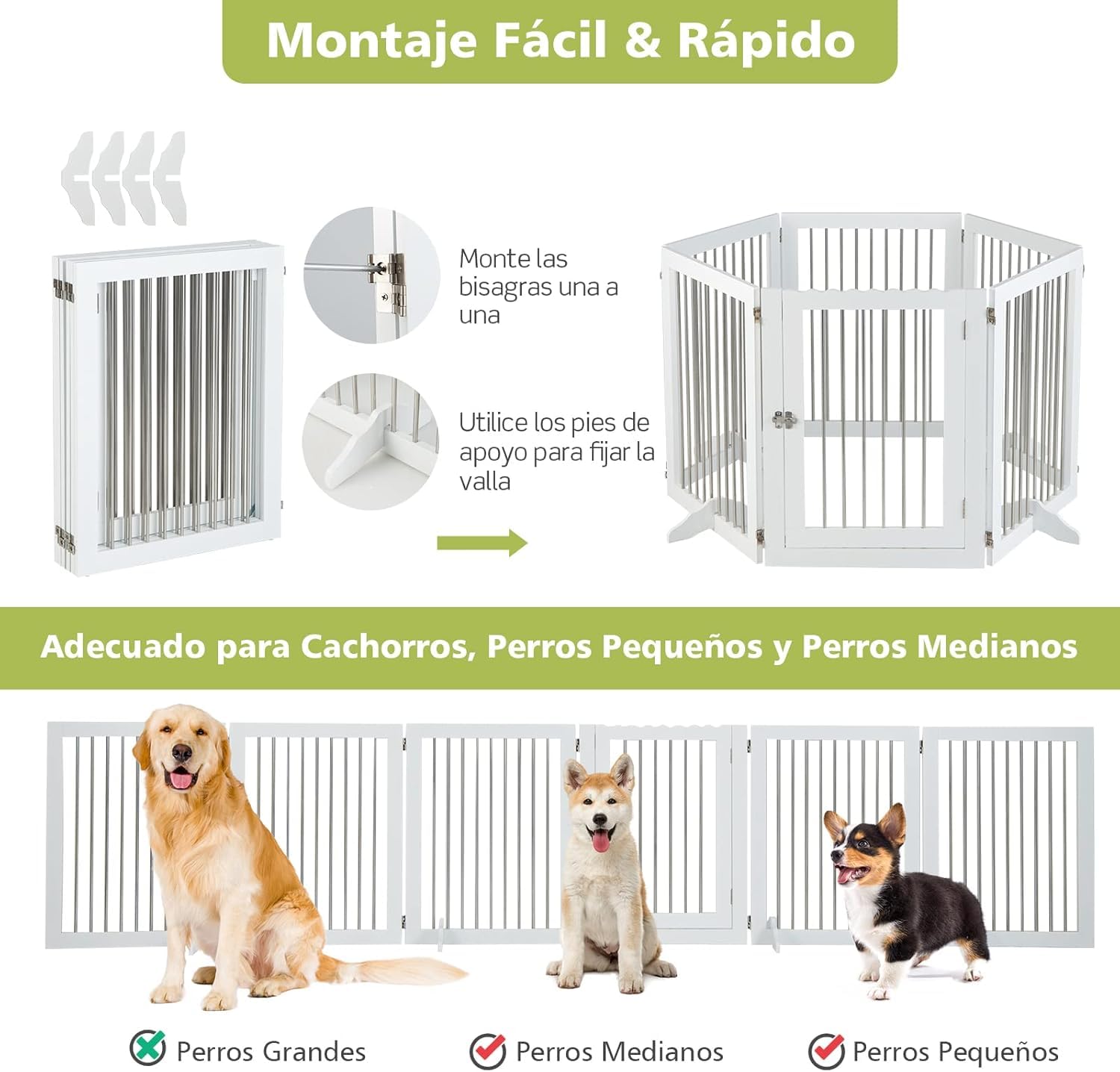 GOPLUS Parque para Mascotas Plegable, Recinto para Perros con 6 Paneles de Madera y Tubos de Acero Inoxidable, Valla Multiforme para Cachorros con Bisagras Escalera