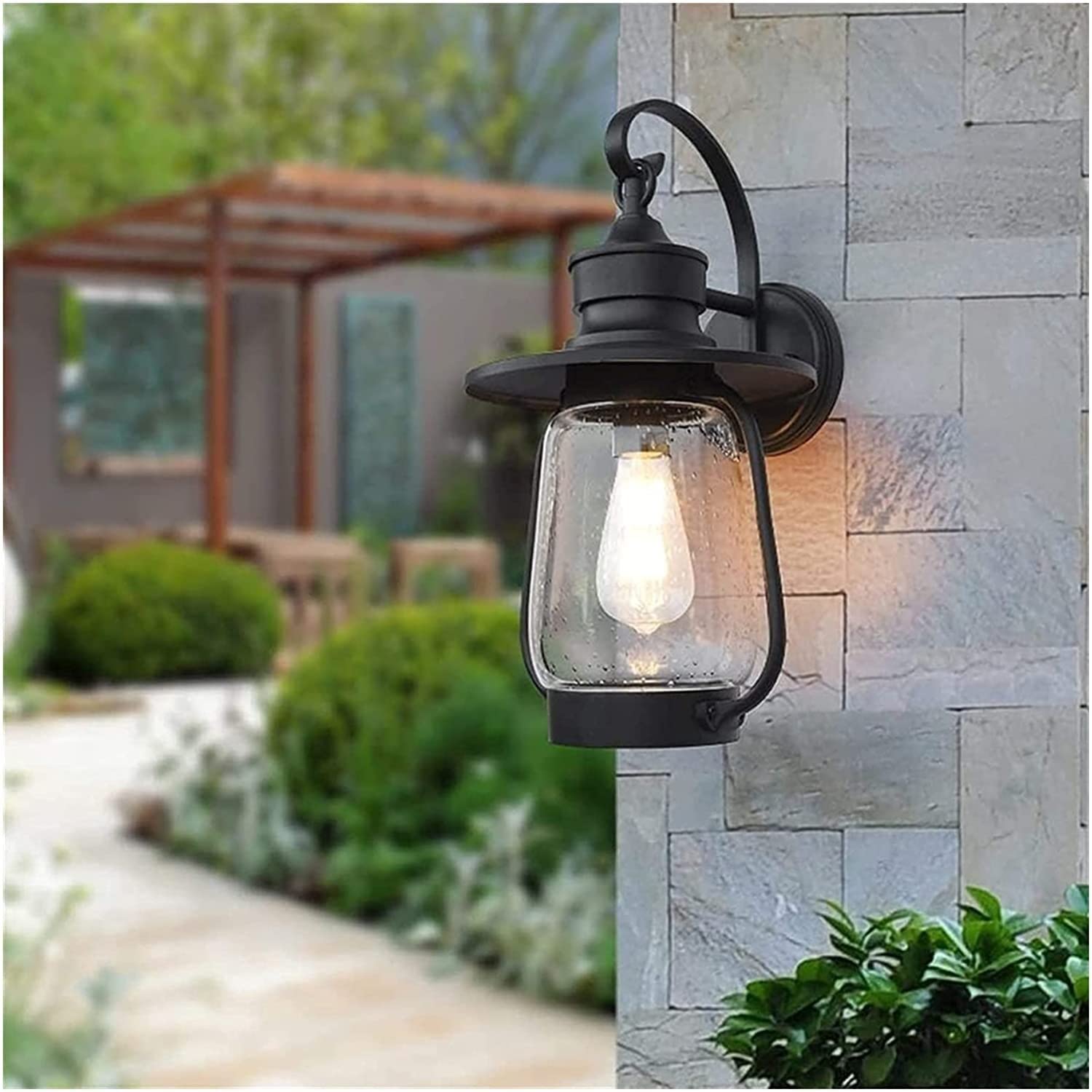 VDOQTLJT Modern Minimalist Outdoor Courtyard Garden Waterproof Wall Sconce Chinese Horse Lantern Light Matte Plating Hardware Aluminum Transparent Glass E27 Vision