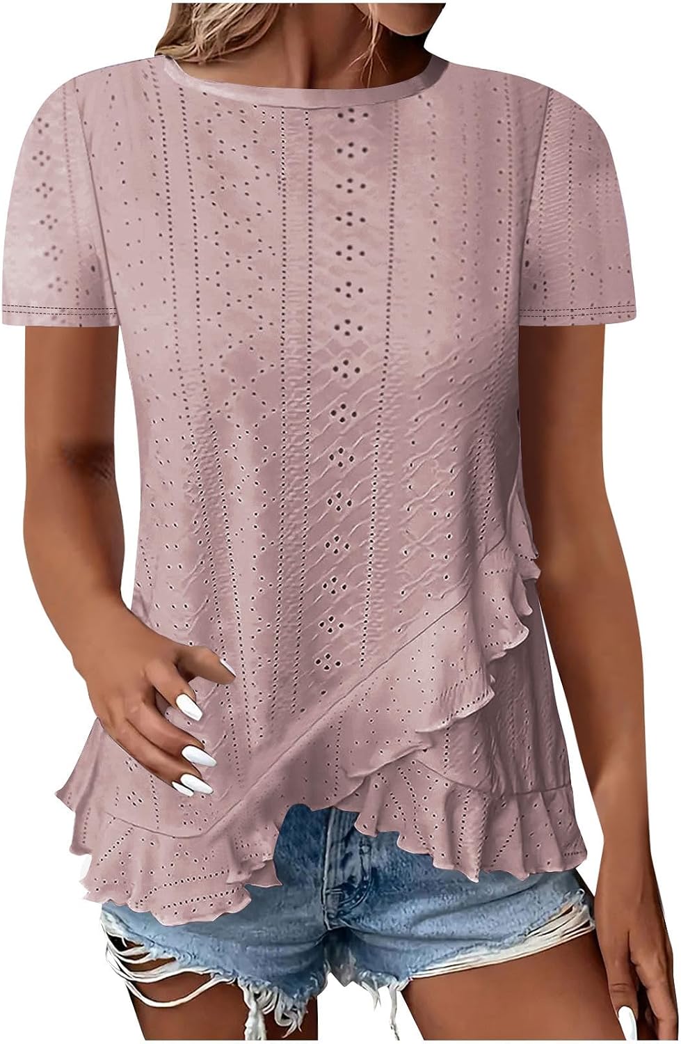 Eyelet Tops for Women 2025 Summer Boho Short Sleeve Dressy Casual Shirts Trendy Round Neck Cute Blouses Clothes