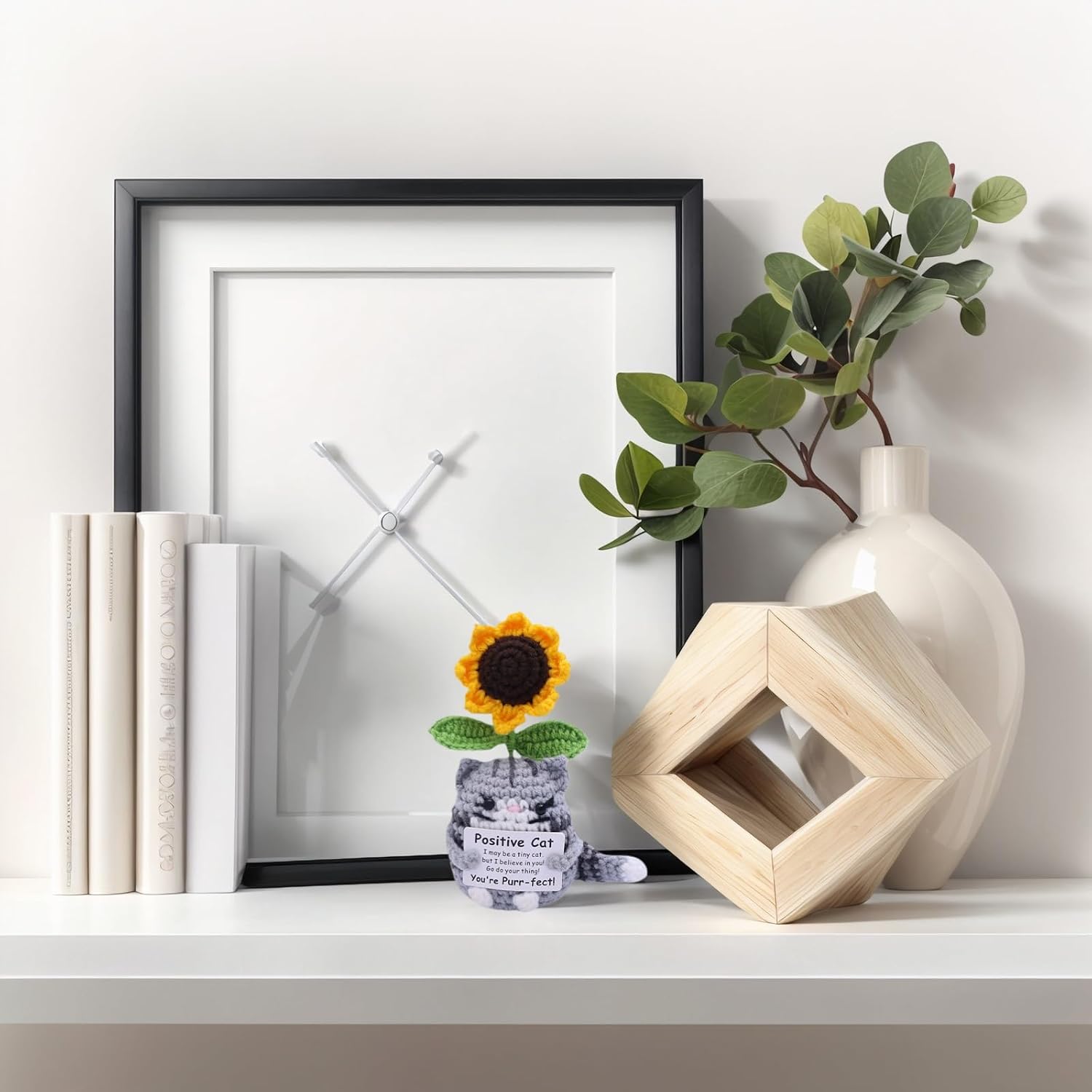 Handmade Crochet Cat Doll with Sunflower Planter, Mini Emotional Support Gift with Encouragement Card, Inspirational Desk Decor for Office Home, Positive Present for Women Men Friends Family Birthday