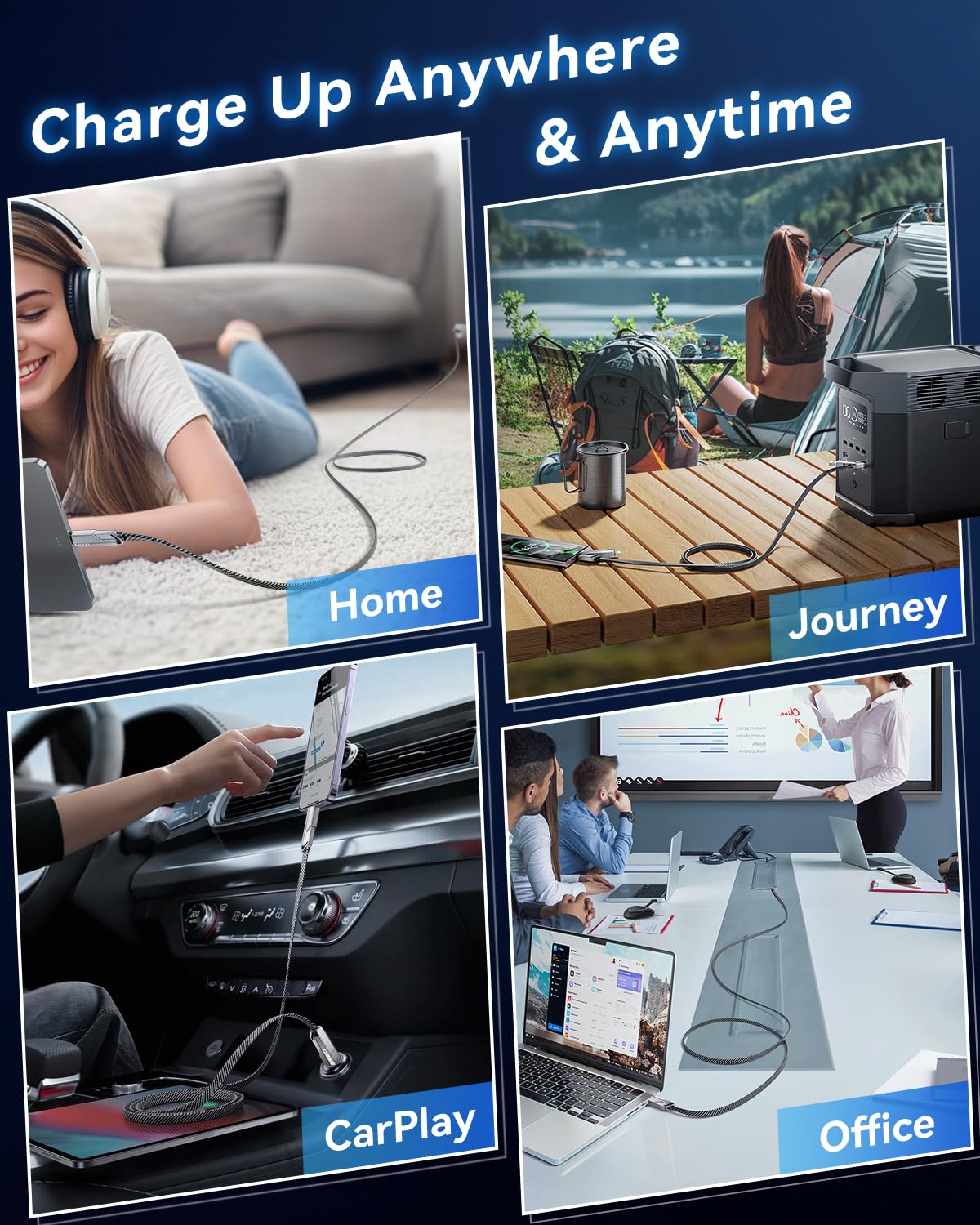 [Uno è sufficiente] 4 in 1 compatibile con cavo USB C a Lightning, ricarica ad alta velocità da 240 W e trasferimento dati veloce, supporto automatico CarPlay e Android Multi cavo di ricarica per