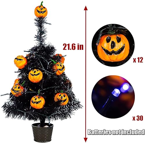 Miniatura 6 de Sunnyglade - Árbol espeluznante negro de 21.6 pulgadas con 30 luces LED moradas de Halloween y 12 decoraciones de calabaza, funciona con pilas, para