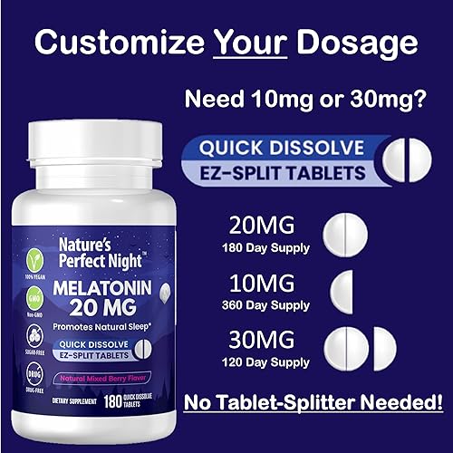 Miniatura 5 de Nature's Perfect Night Melatonina de 20 mg  180 tabletas de disolución rápida, paquete de 2  Sabor natural de bayas mixtas  Alta potencia  Sin