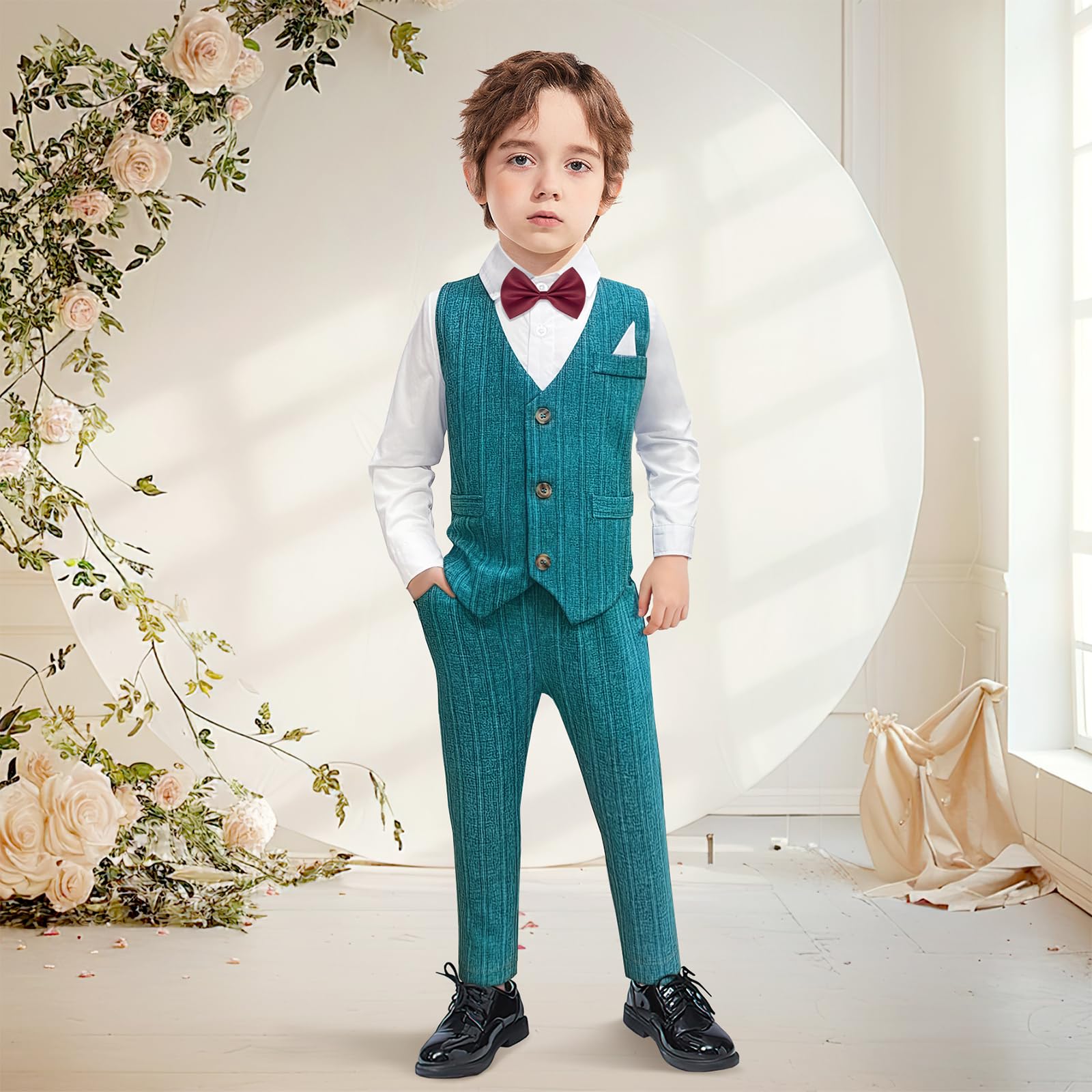 Sadarkes Boys Suit Formal Set Kids Wedding Outfit Toddler Slim Fit Tuxedo 4 Pieces Vest,Shirt,Pants,Bow Tie for 3-7 Years Green