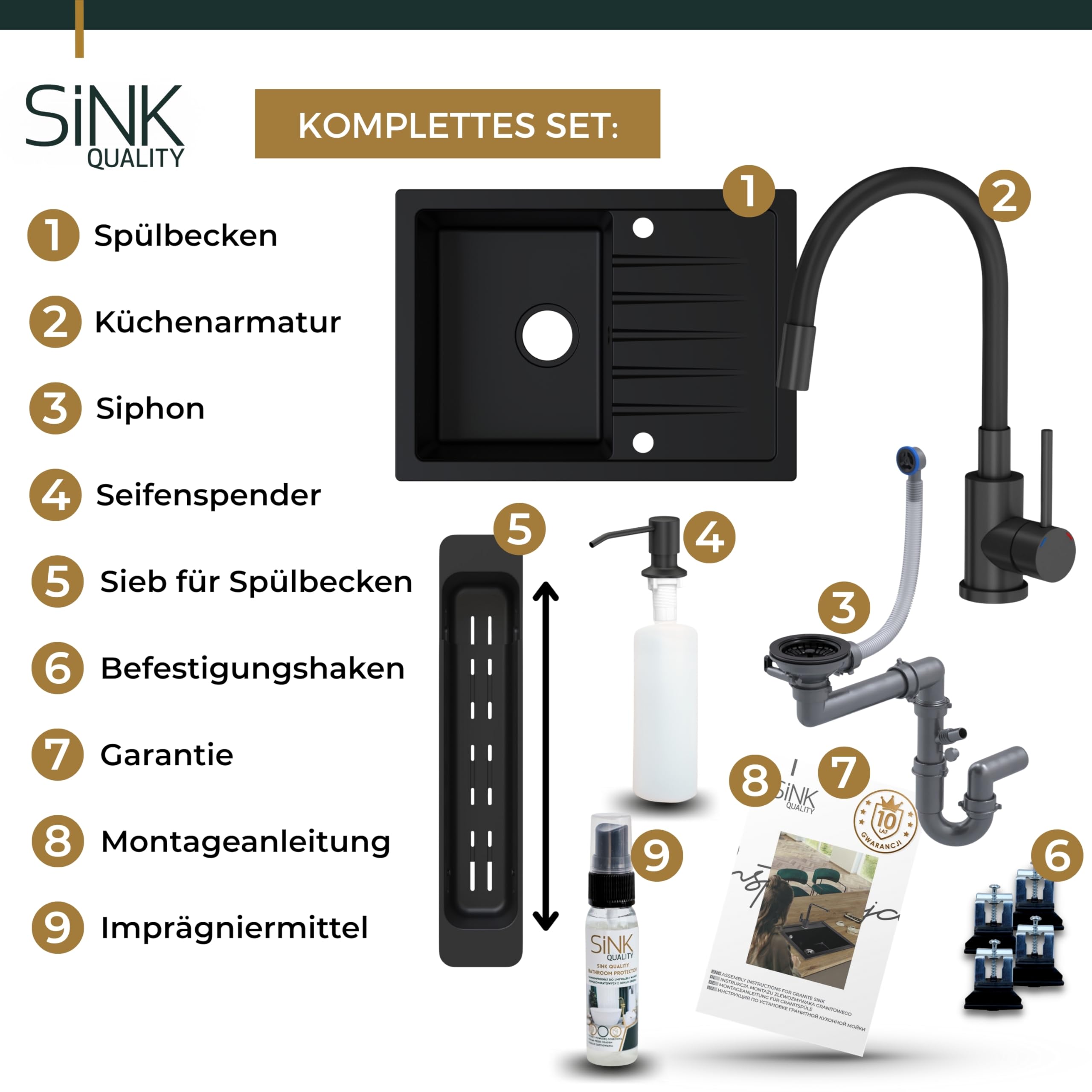 SINK QUALITY Spülbecken Komplettset in Schwarz 68 x 49,5 cm - Spüle mit Wasserhahn, Seifenspender, Sieb, Siphon und Imprägniermittel - Küchenspüle mit armatur für 45er Unterschrank