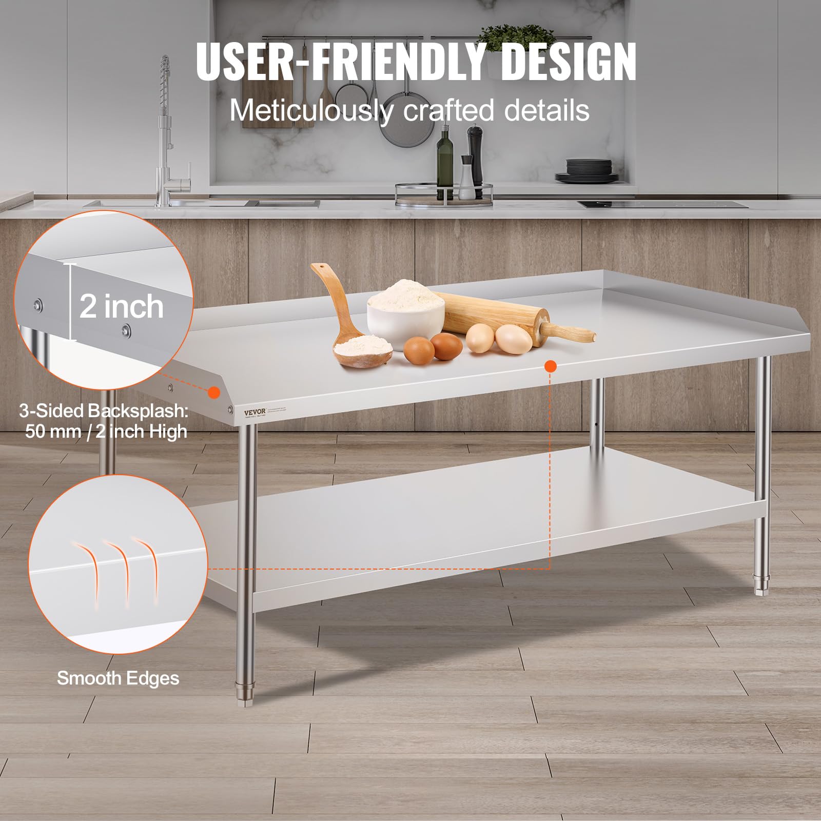 VEVOR Arbeitstisch Edelstahl, gewerblicher Arbeitstisch zur Lebensmittelzubereitung, 3-seitiger Spritzschutz, Arbeitstisch mit Einstellbarer Höhe (762 x 1524 x 660 mm)