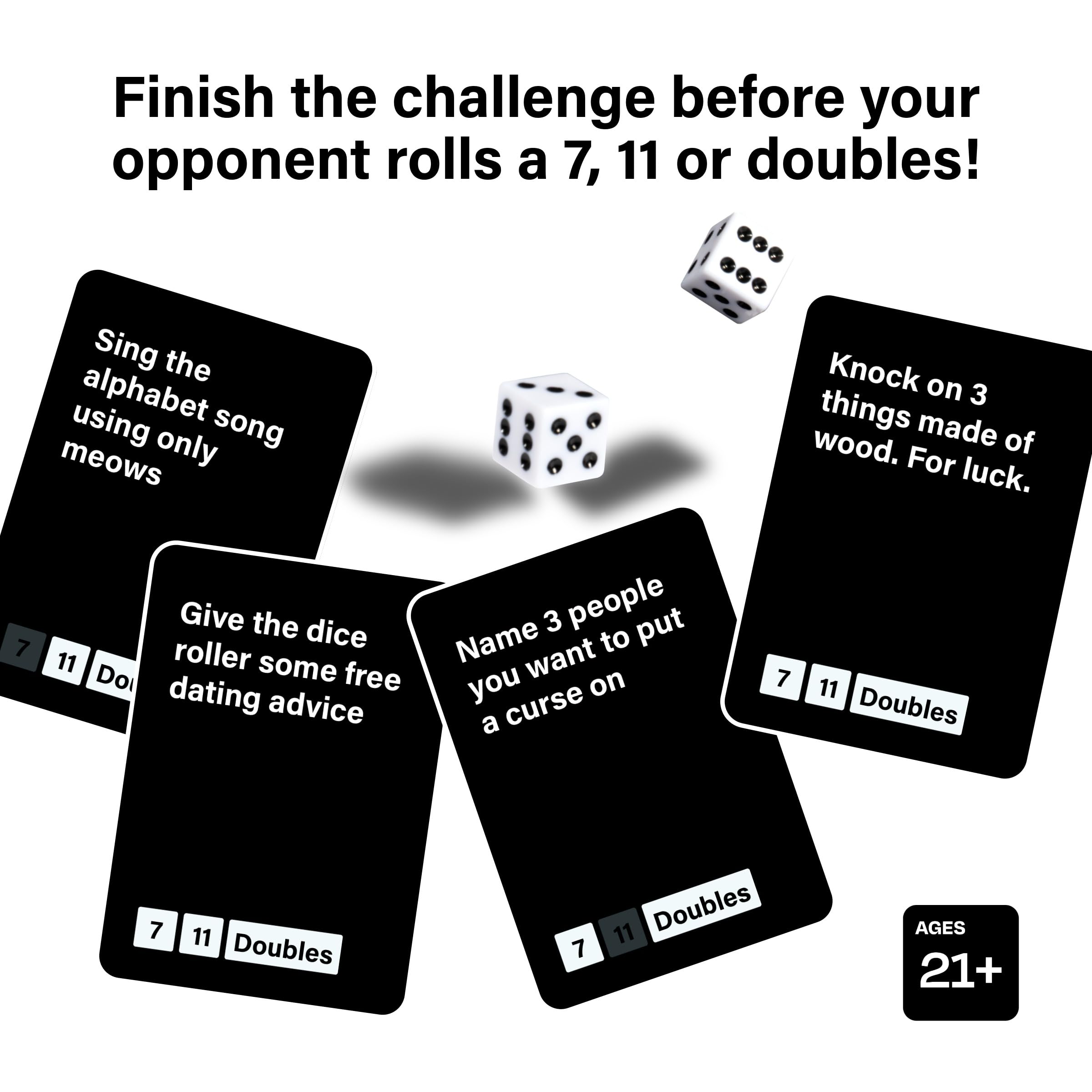 DSS Games Lets roll dadi & Drink [7, 11, Doubles | Gioco di carte per feste con dadi | Perfetto per amici, serate di gioco, pre-gioco, università, regalo per il 21° compleanno | Carte sfida]