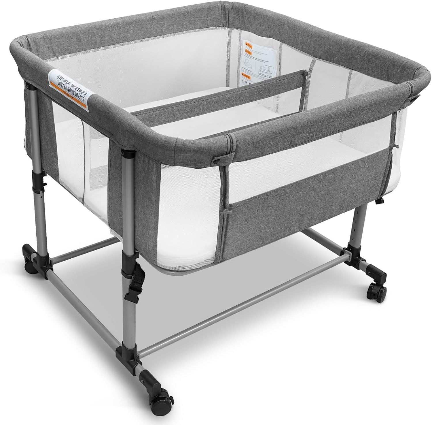 Twin Bassinet for 2 Babies, Double Bassinet for Twins, Baby Bassinet with Wheels, Full-Mesh Sides, 5-Height Adjustable, Portable and Stable Baby Crib for Newborns (Basic Grey)
