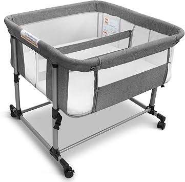 Twin Bassinet for 2 Babies, Double Bassinet for Twins, Baby Bassinet with Wheels, Full-Mesh Sides, 5-Height Adjustable, Portable and Stable Baby Crib for Newborns Basic Grey