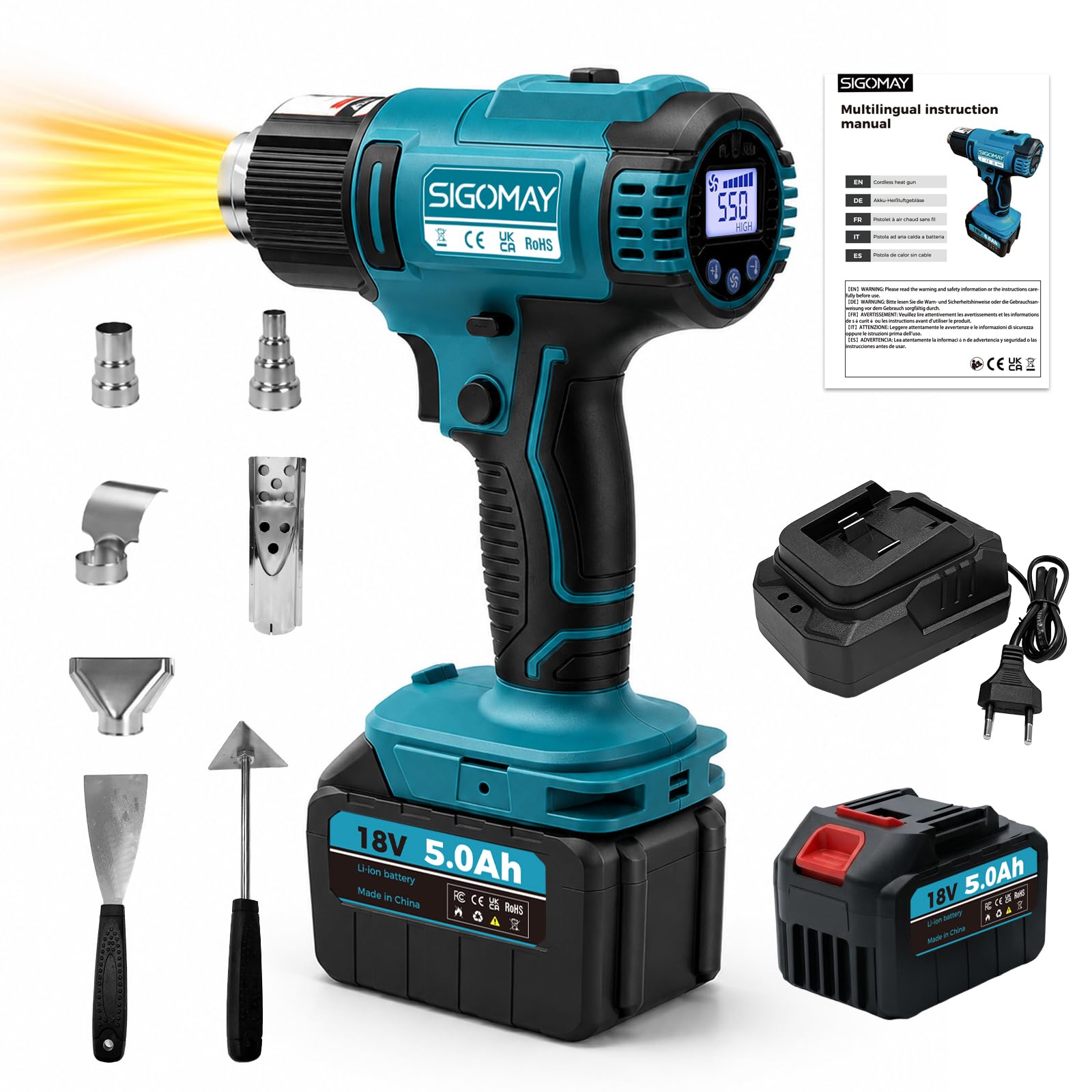 Decapador Térmico a Batería 18V con Batería 5.0Ah y Cargador Rápido | Pistola de Aire Caliente Compatible con Makita LXT, Pantalla LCD (Ajuste Rápido), 50-550°C, 6 Velocidades, 7 Accesorios