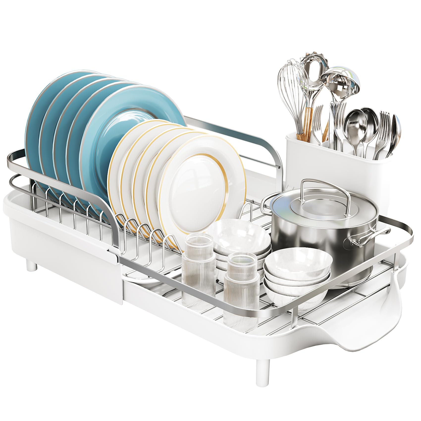 Escurridor de platos extensible para encimera de cocina, escurridor de platos de acero inoxidable con juego de escurridor y soporte para utensilios, escurridor de platos de secado de fregadero