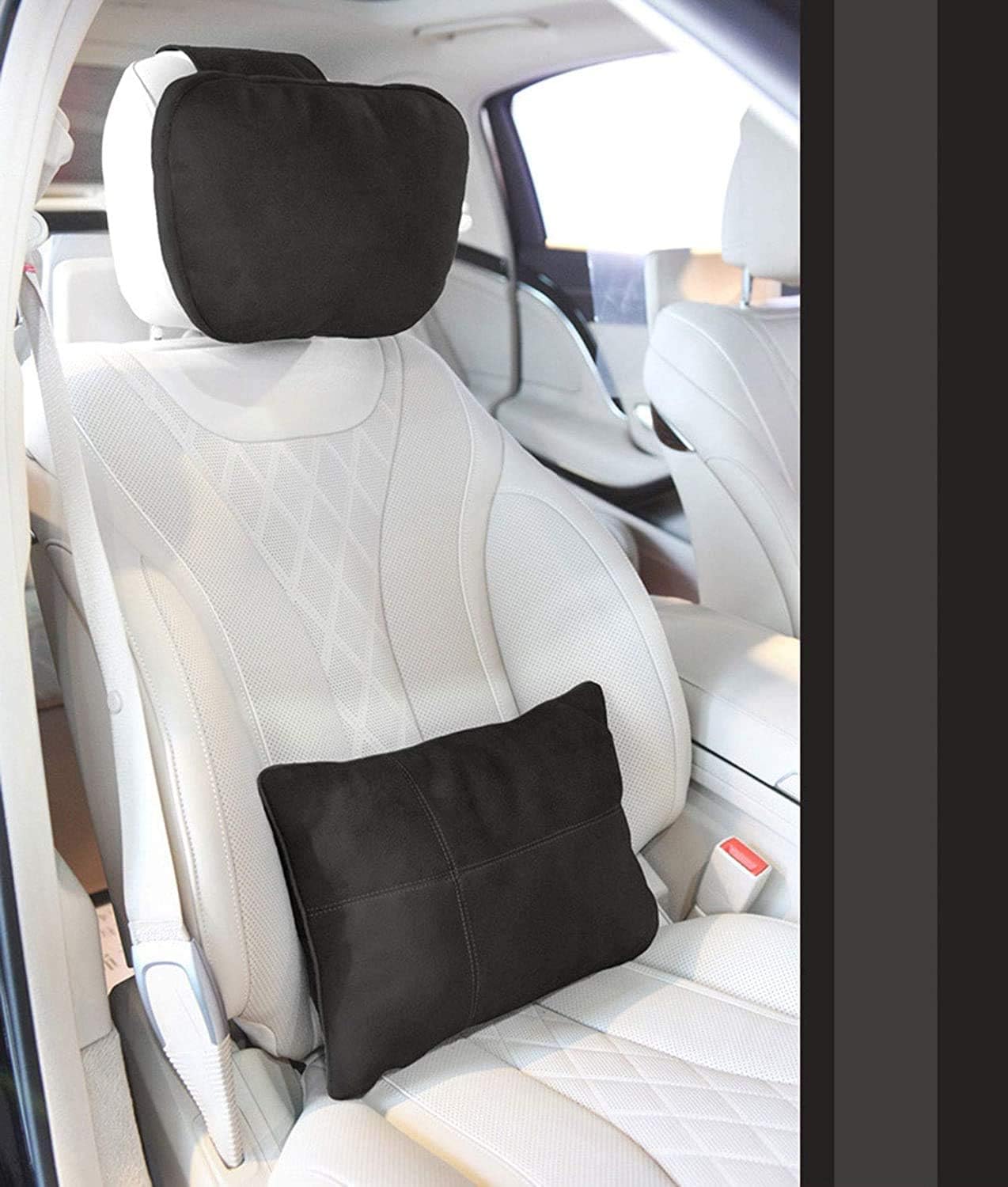 Kwak's Headrest Waist Cushion Set, Maybach Design S Class Super Soft Car Headrest Pillow Lumbar Support Fraud Suede Cover PP Cotton Filling Cushion (Black)