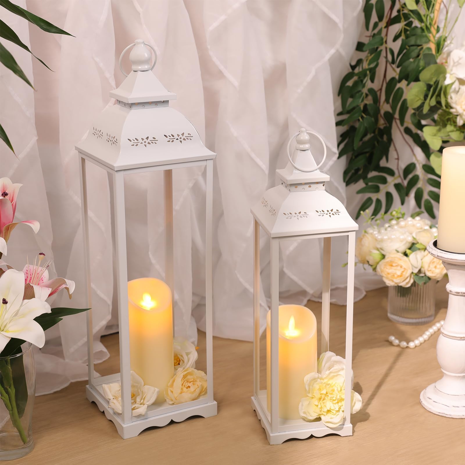 HAVITI Paquete de 2 faroles grandes decorativos para interiores, faroles altos blancos para porche, decoración de farol de 22 pulgadas y 17 pulgadas (sin vidrio) con 2 velas sin llama para boda, hogar
