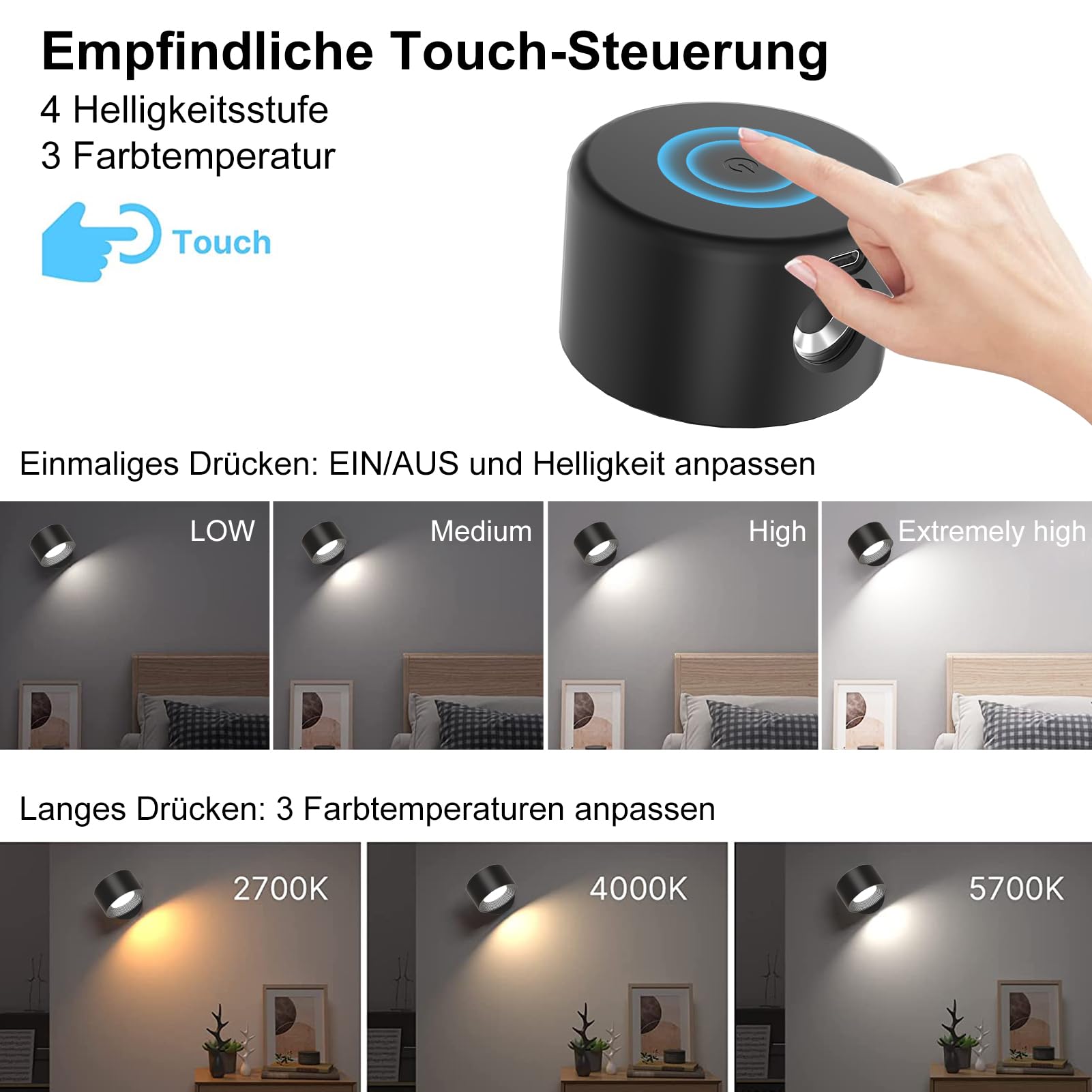 led wandleuchte innen 2 Stück,wandlampe Wandlichter ohne stromanschluss ,4 Helligkeitsstufen 3 Farbmodi Nachttischlampe akku , 360° Drehbare Touch Control Leuchten Für Kinder Wohnzimmer Schlafzimmer