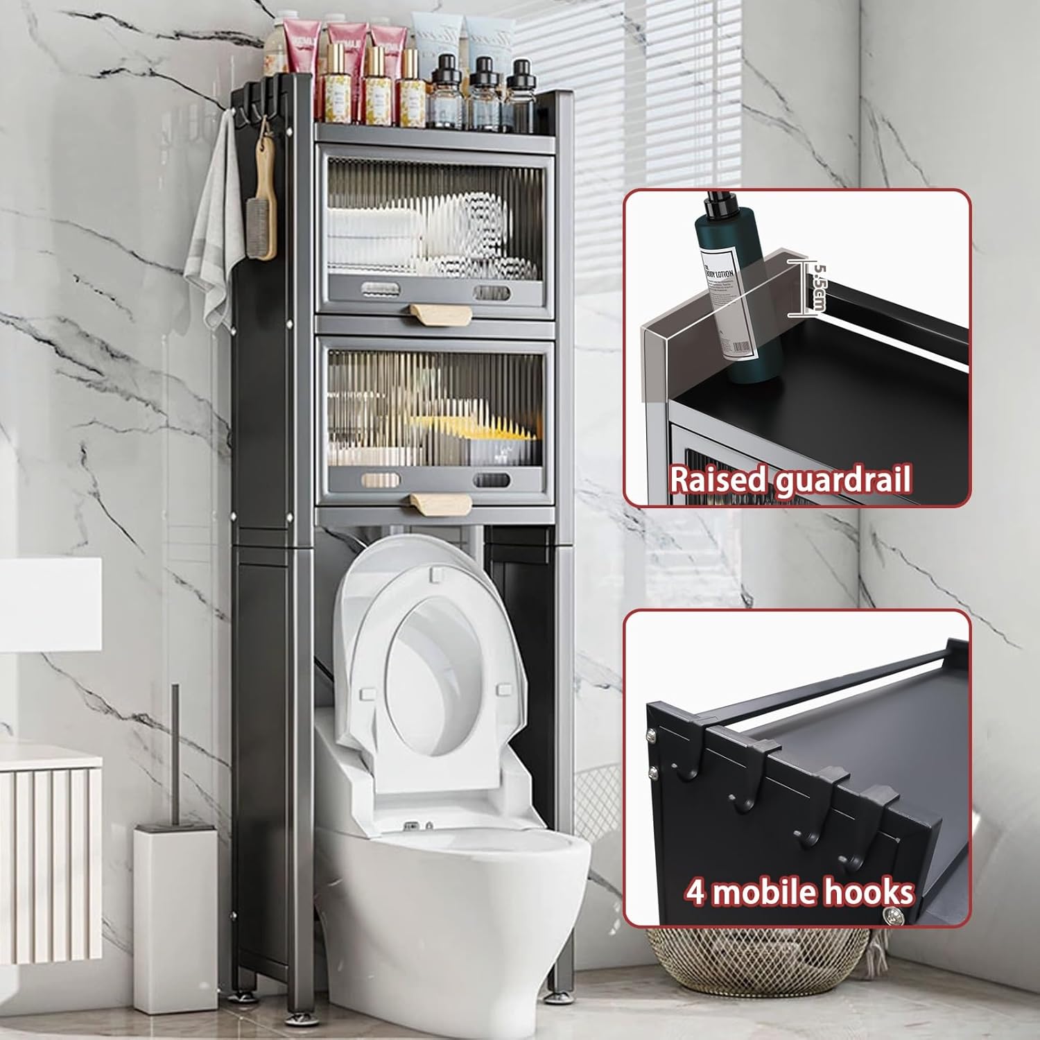 Over The Toilet Storage Cabinet, Over Toilet Bathroom Storage Organizer, Above Toilet Storage Rack with X-Shaped Bar and Adjustable Feet, for Bathroom, Restroom, Laundry(70x130cm)