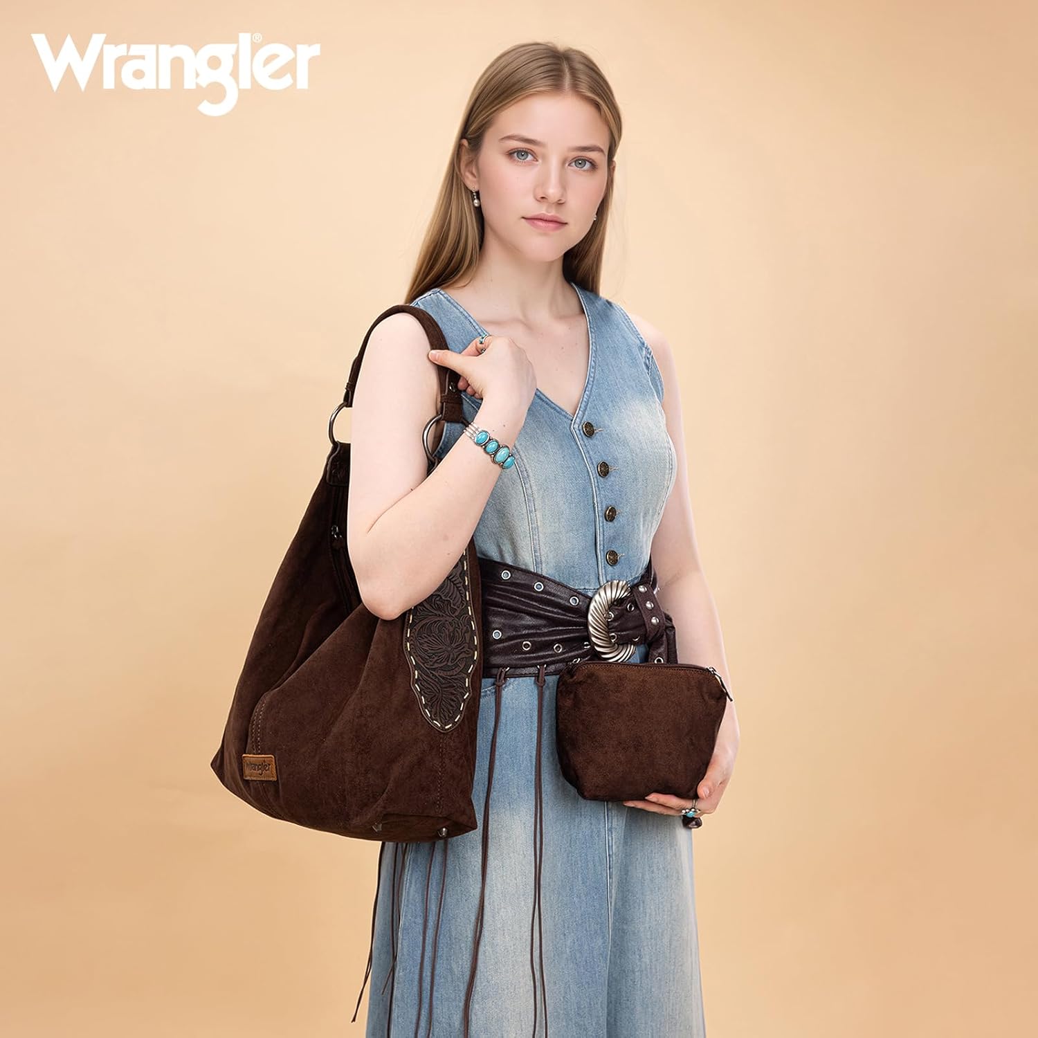 Wrangler Suede Hobo Purse for Women Embossed Soft Slouchy Shoulder Bag 2Pcs Set - Image 2