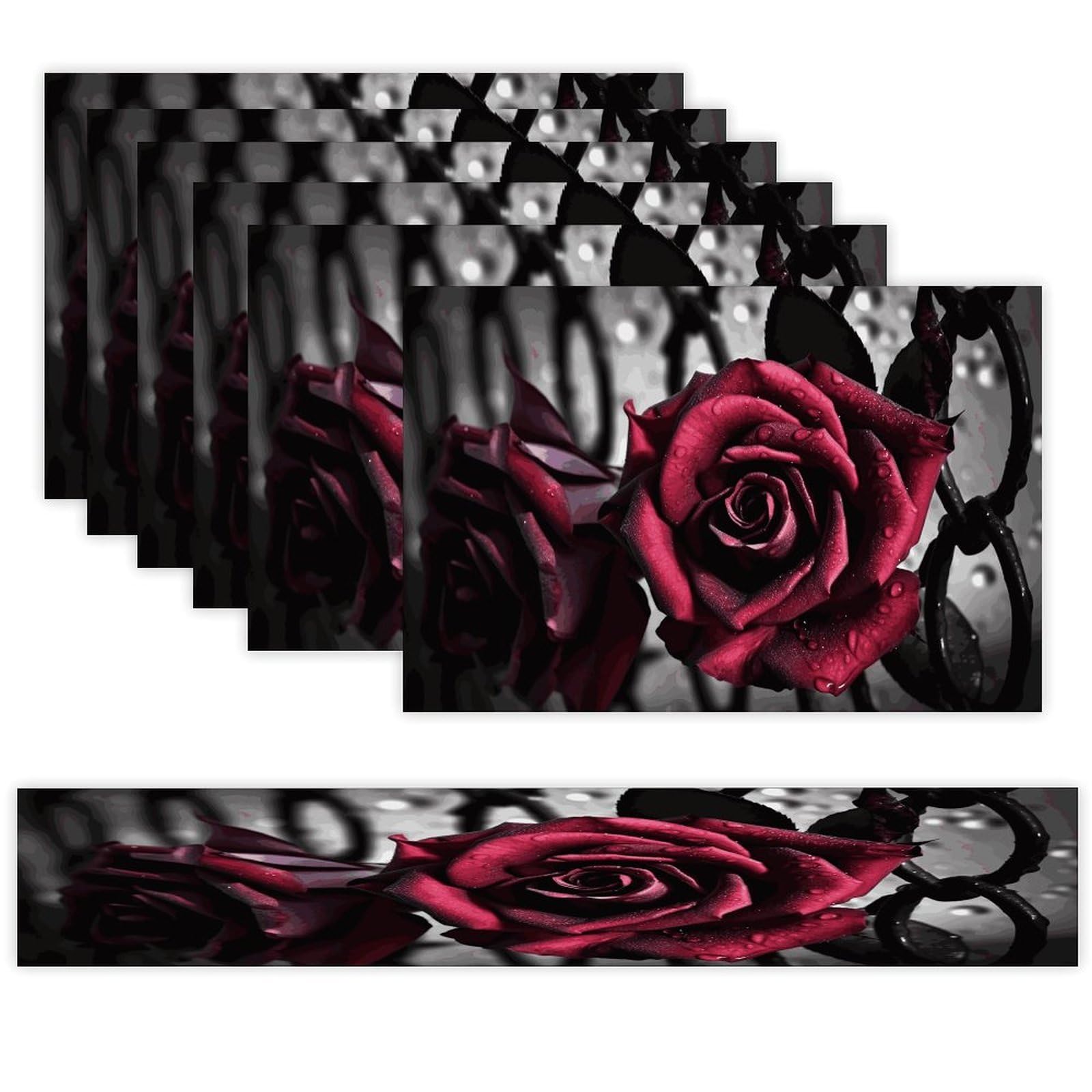 Gothic Roses Table Runner and Placemats Set of 6 for Kitchen Washable Table Mats Heat Resistant Place Mats Non-Slip Place Mat Wipeable Placemat(6 Placemats+1 Table Runner)