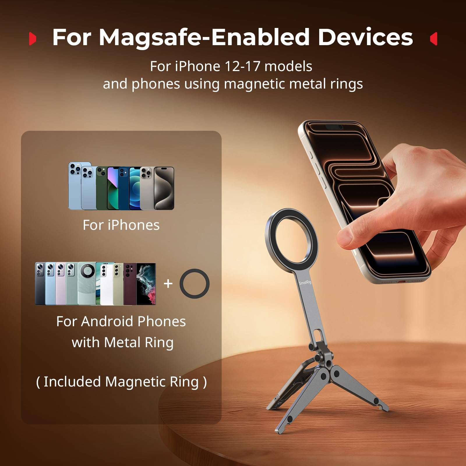 SMALLRIG Treppiede Magnetico Doppio per Telefono, Impugnatura in Metallo per Supporto Cellulare con Filettatura, Supporto Regolabile a 270°, Mini Treppiede Tascabile per iPhone 17/16/15/14/13 -5649