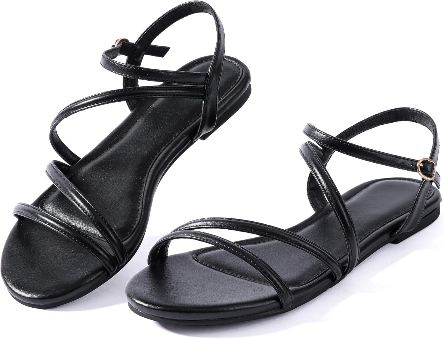 YANWENFANG Women Strappy Flat Sandals, Leather Dressy Summer Slides