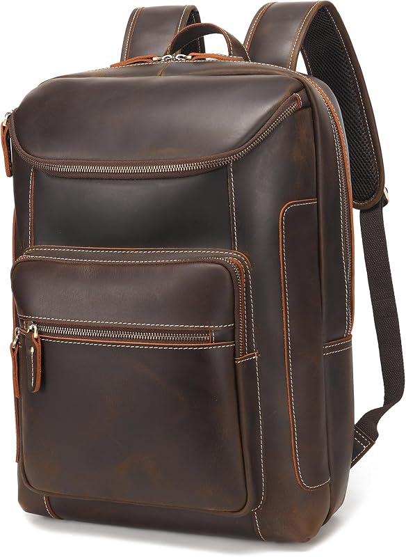Full Grain Leather Backpack For Men, 17" Laptop Backpack, Casual Outdoor Business Travel Rucksack, YKK Zippers