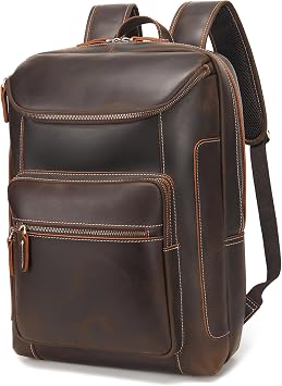 LANNSYNE Full Grain Leather Backpack For Men, 17" Laptop Backpack, Casual Outdoor Business Travel Rucksack, YKK Zippers