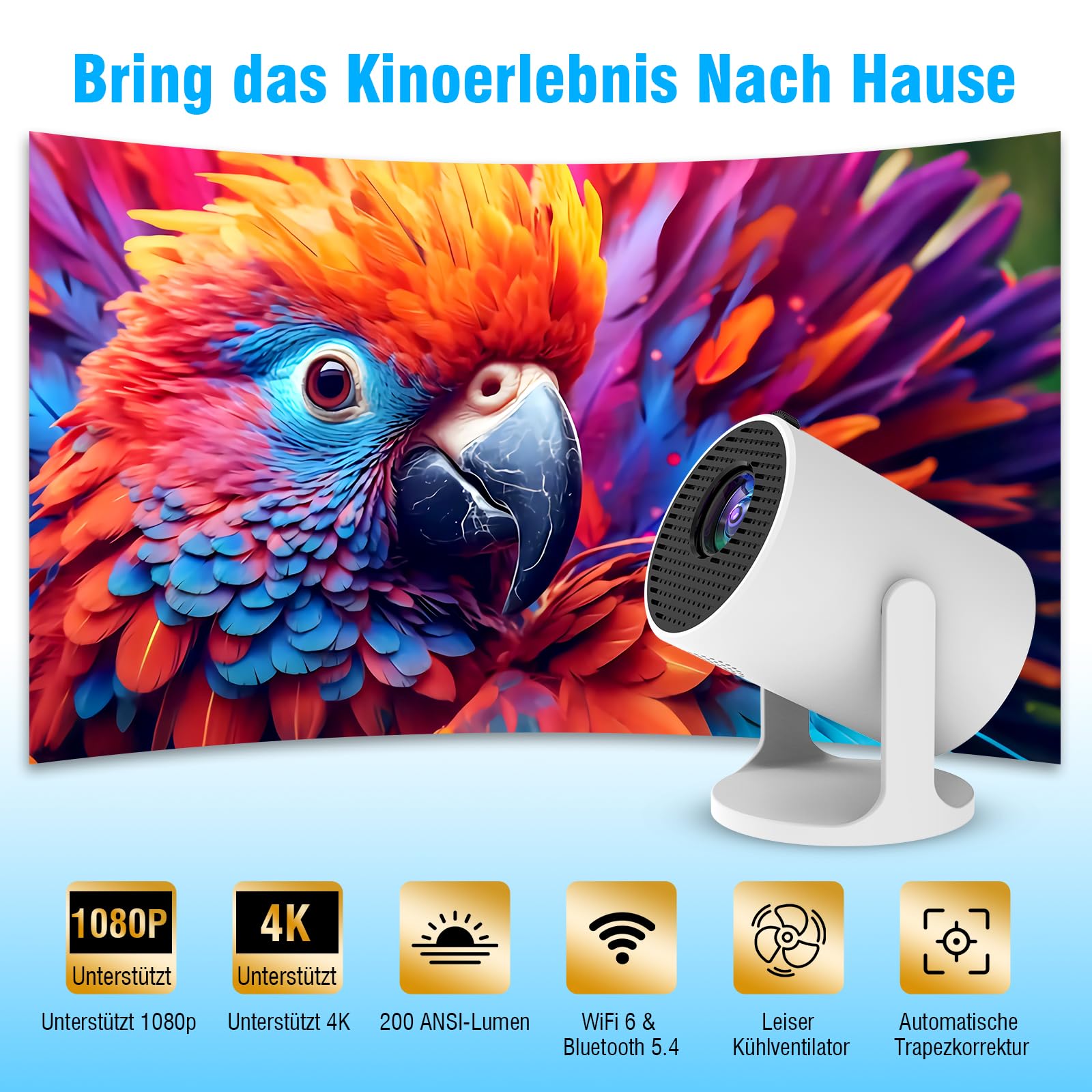 Tragbarer Mini Beamer 4K mit WiFi 6 und Bluetooth, Kleiner Projektor für unterwegs, 360° drehbarer Fuß, Powerbank-Anschluss und Handy-Kopplung, ideal für Heimkino und Portable Projector 4K Erlebnisse