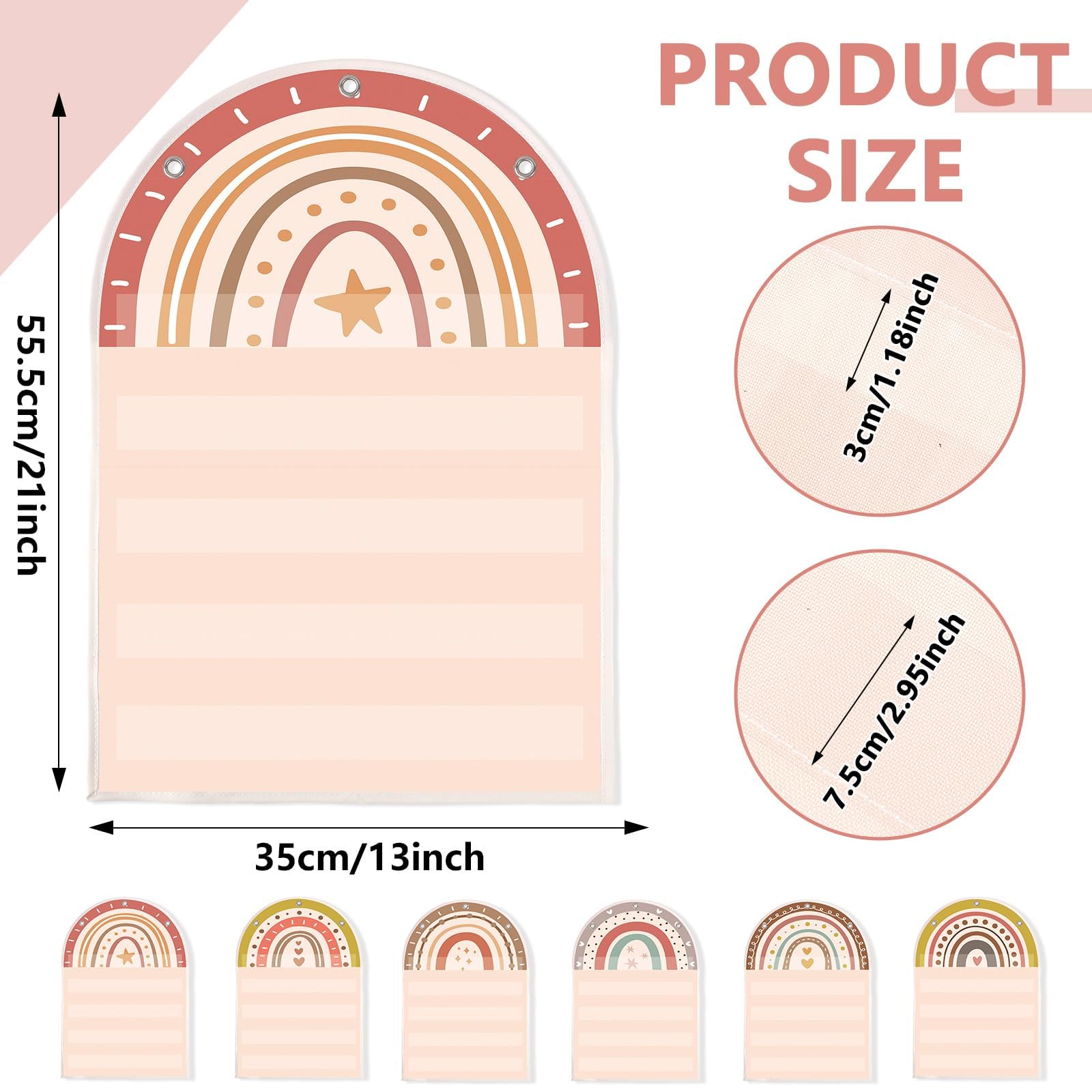 Qyeahkj 6Pcs Classroom Magnetic Pocket Chart Small Boho Rainbow Hanging Scheduling Pocket Chart Management Back to School Resources for Preschool Kids Sentence Strips Cards Office Supplies 17 x 14in - Image 2