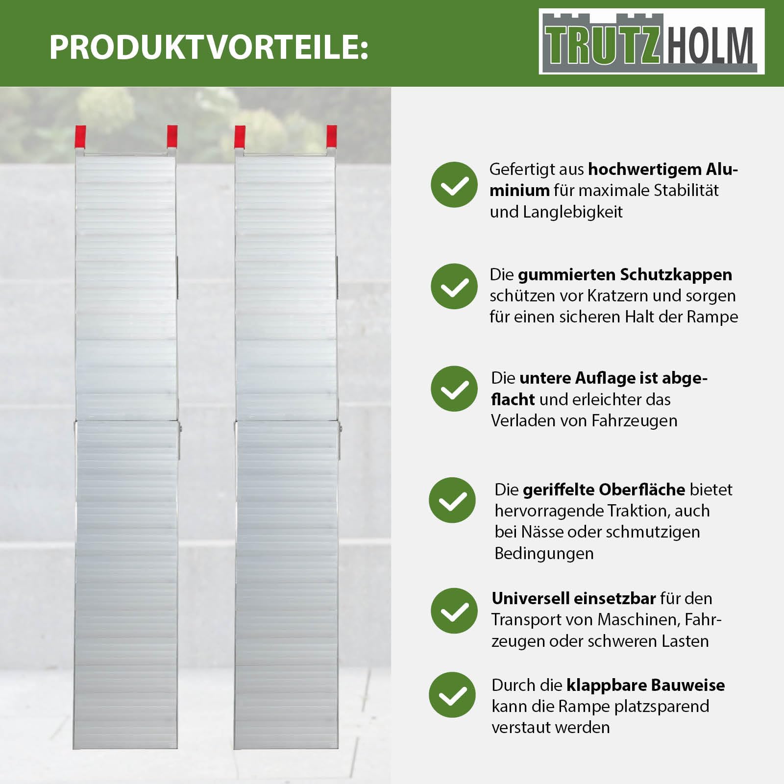 TRUTZHOLM 2x Auffahrrampe Alu klappbar 205 cm 340 kg Traglast je Rampe rutschfeste Lauffläche Breite 28 cm faltbare Motorradrampe extra leicht Verladerampe mit stabiler Konstruktion inkl. 2x Spanngurt