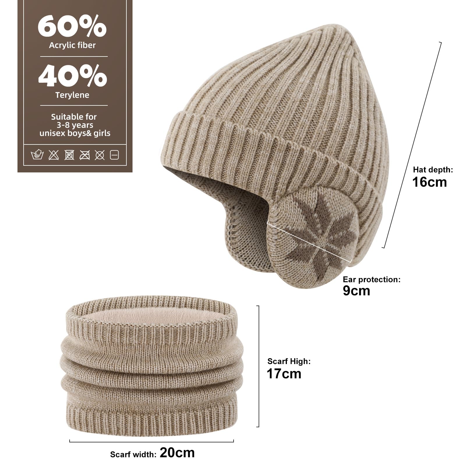 3-8 Año Set de Gorro y Bufanda Niño Invierno Gorro Lana con Orejeras Braga de Cuello Forro Polar