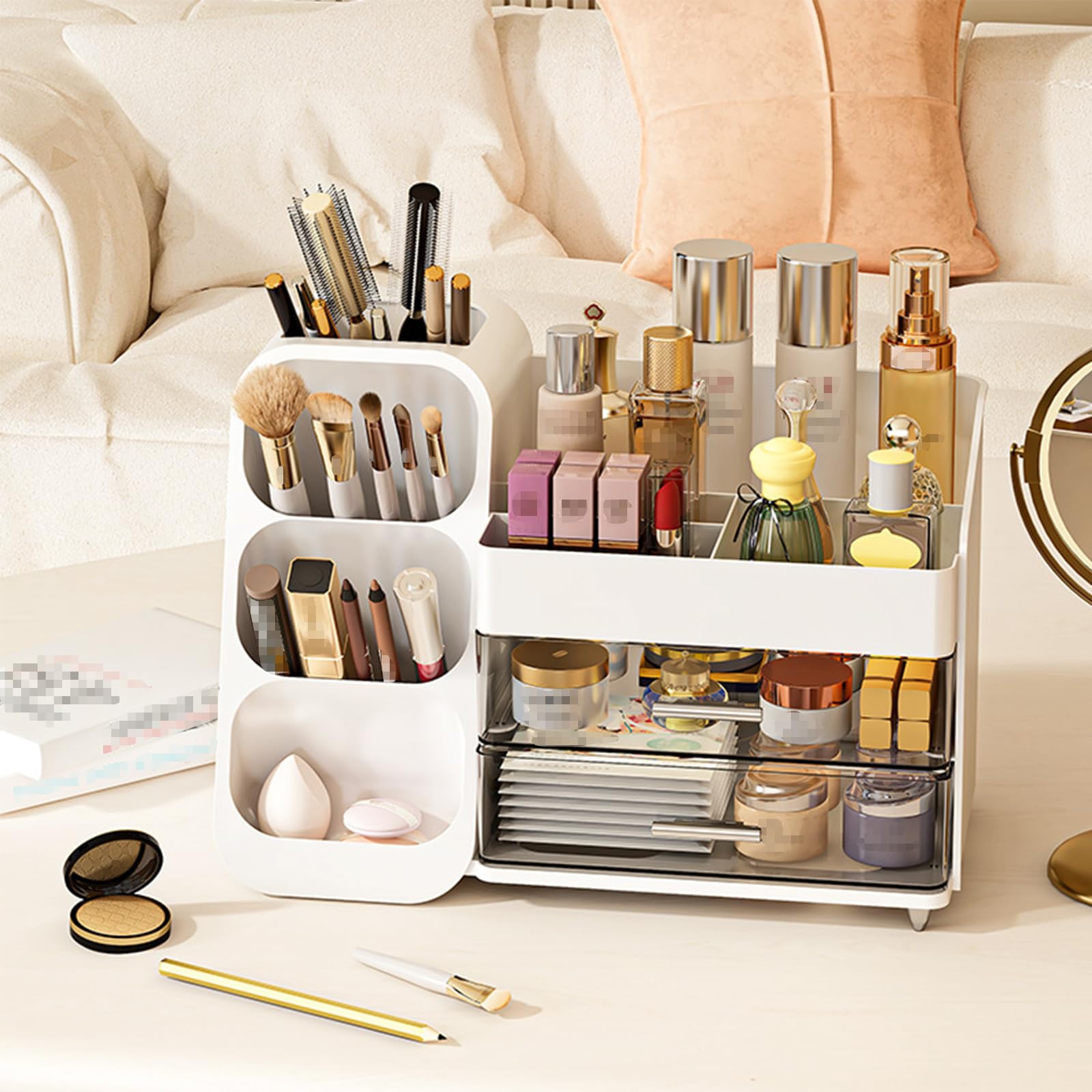 Multifunktion Kosmetik-Organizer mit großem Fassungsvermögen,Make up Organizer mit Schubladen,Einfache Aufbewahrung für Make-Up Pinsel Wattepads,Schreibtisch Organizer für Dresser Skincare (Rosa)