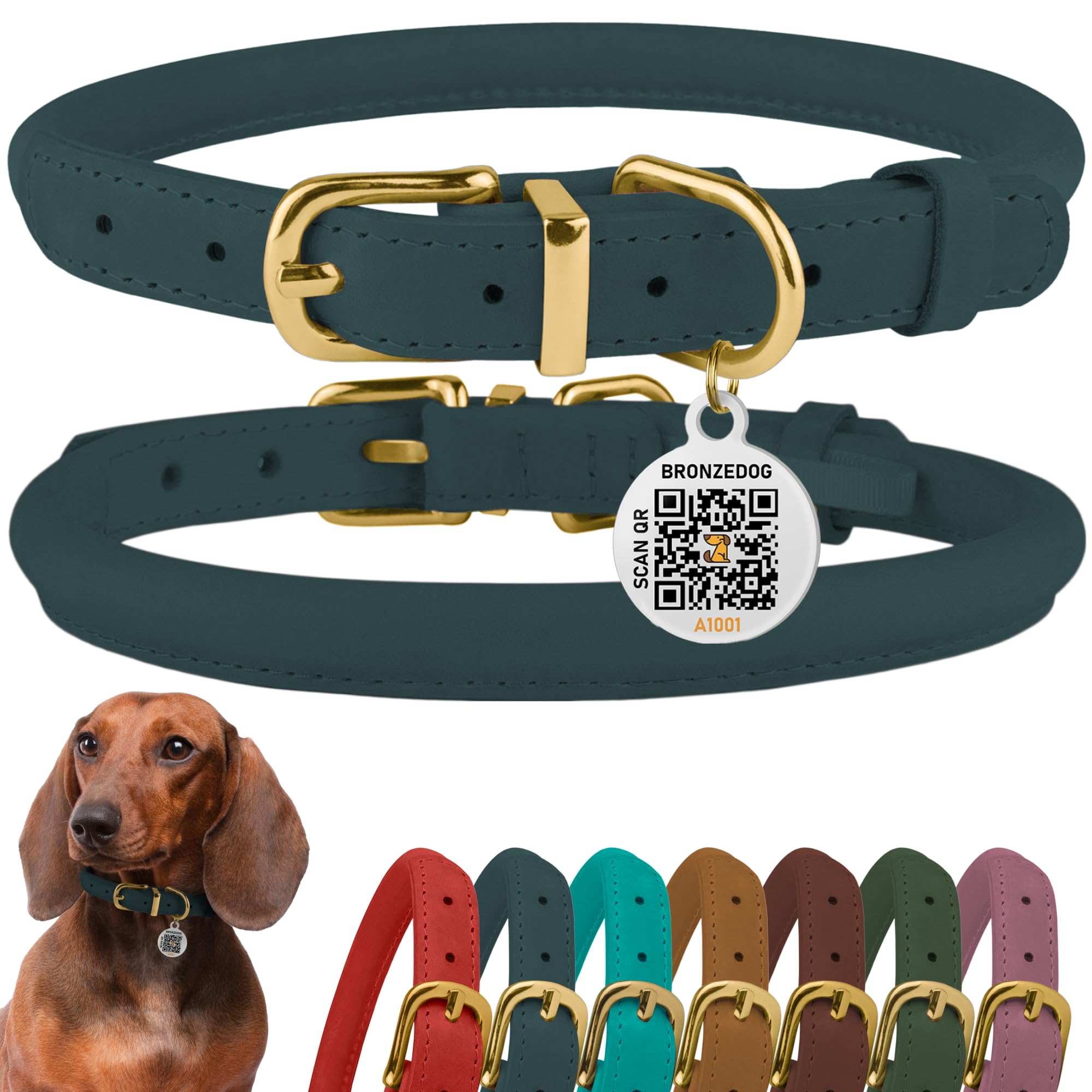 BronzeDog Rolled Leather Dog Collar with QR ID Tag, Adjustable Soft Round Collars for Small Medium Large Dogs Puppy (11" - 14 1/2" Neck Size, Denim)