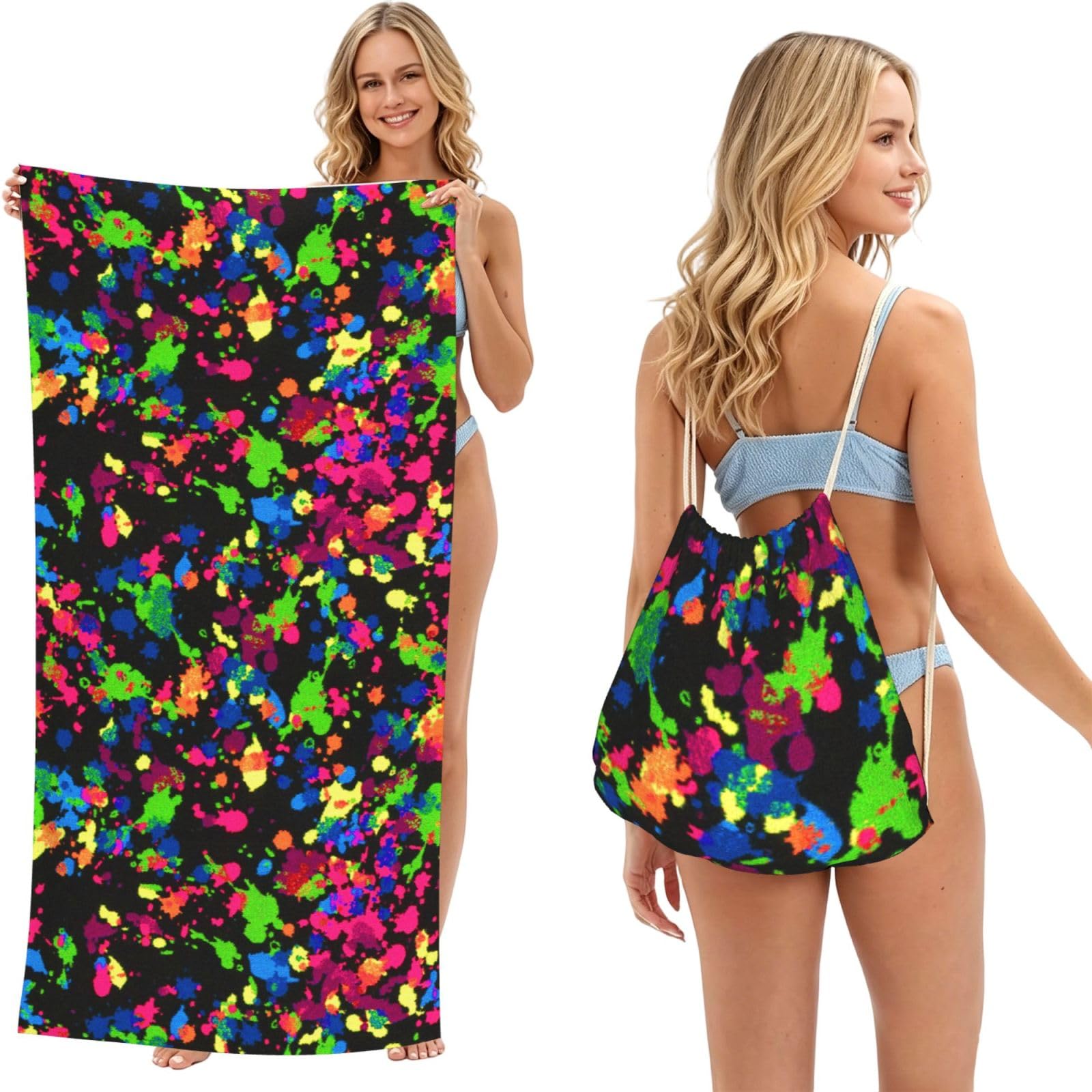 Poadnly As Picture Rainbow Of Neon Paint Splatters, 2 In 1 Packable Towel Bag, Beach Towels With Drawstring Backpack For Travel Holiday Camping
