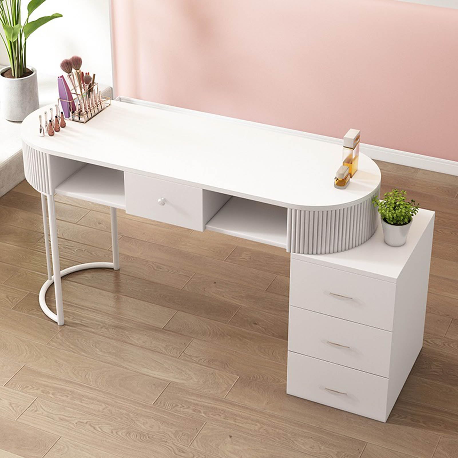Profesjonalne biurko do paznokci z miejscem do przechowywania, nowoczesny drewniany stół do manicure do salonu i domowego spa, posiada szuflady i 3-poziomową szafkę na stację roboczą do zdobienia