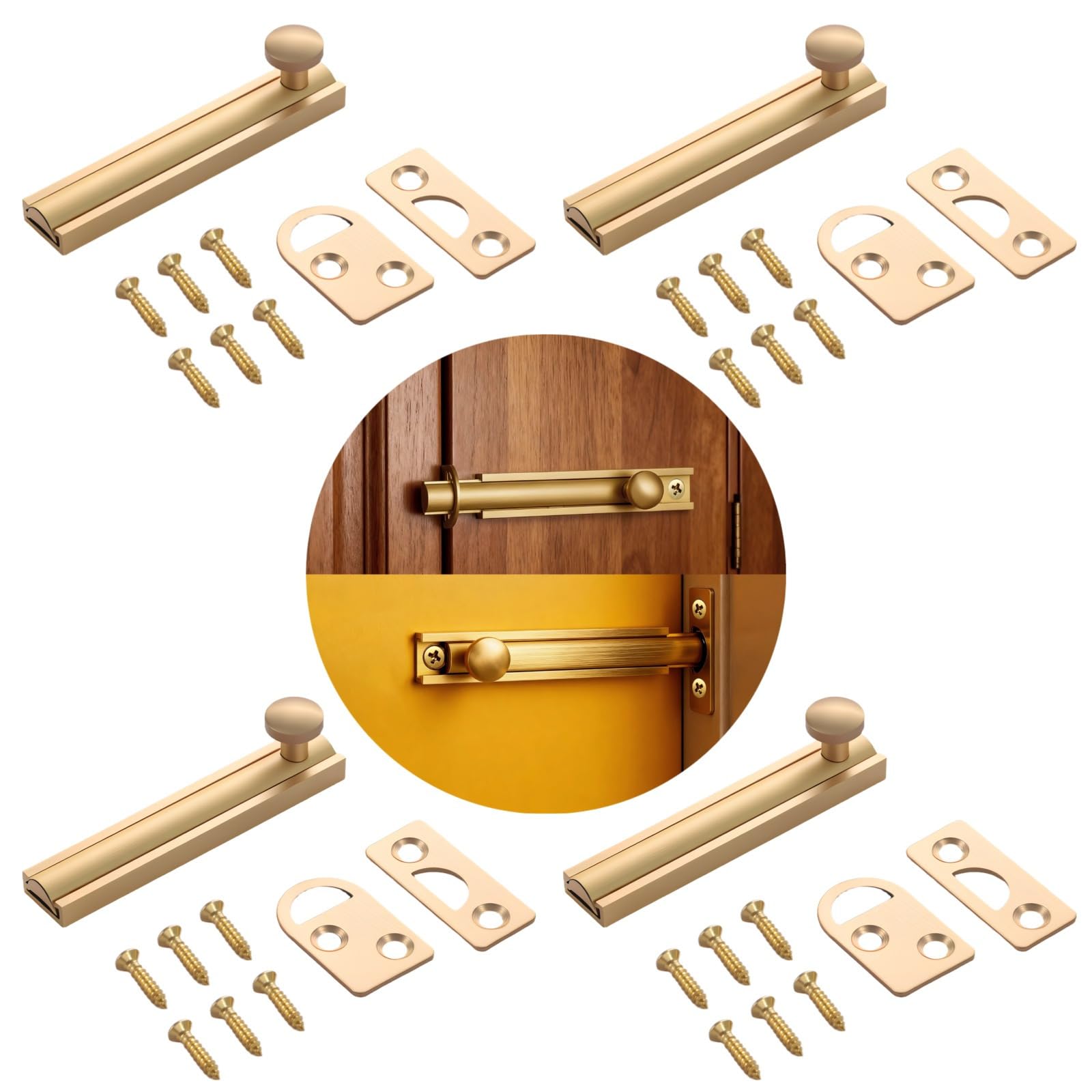 Swewarm Brass 4-Pack Solid Surface Bolt Latches (79Mm) – Brushed Finish Sliding Door Lock With Screws For Cabinets, Bathrooms & Home Security