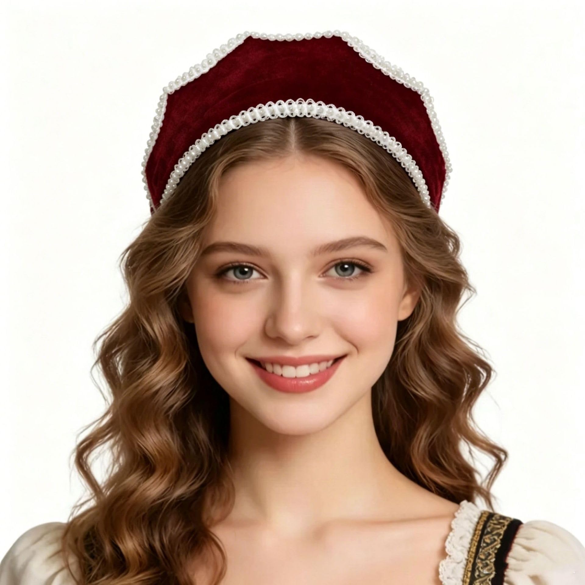 FakeFace Velvet Crown Headband with Faux Pearls for Women Tudor Queen Headpiece Victorian Vintage Headwear Cosplay Costume Hair Accessories
