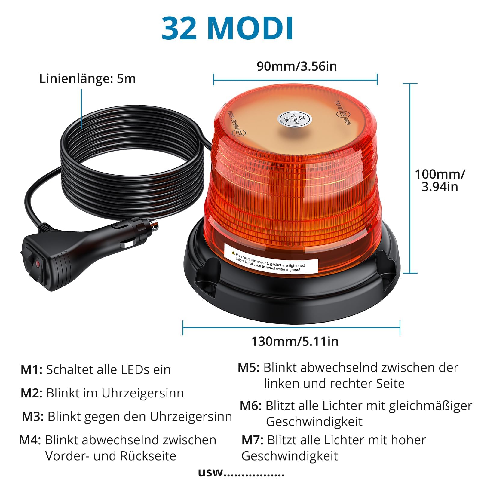 AUTOUTLET Lampa dookoła 12 diod LED, żółta, 10 V-30 V, magnetyczna lampka ostrzegawcza, 32 tryby świecenia, kabel 5 m, E9, IP56, światło ostrzegawcze, światło ostrzegawcze, światło stroboskopowe