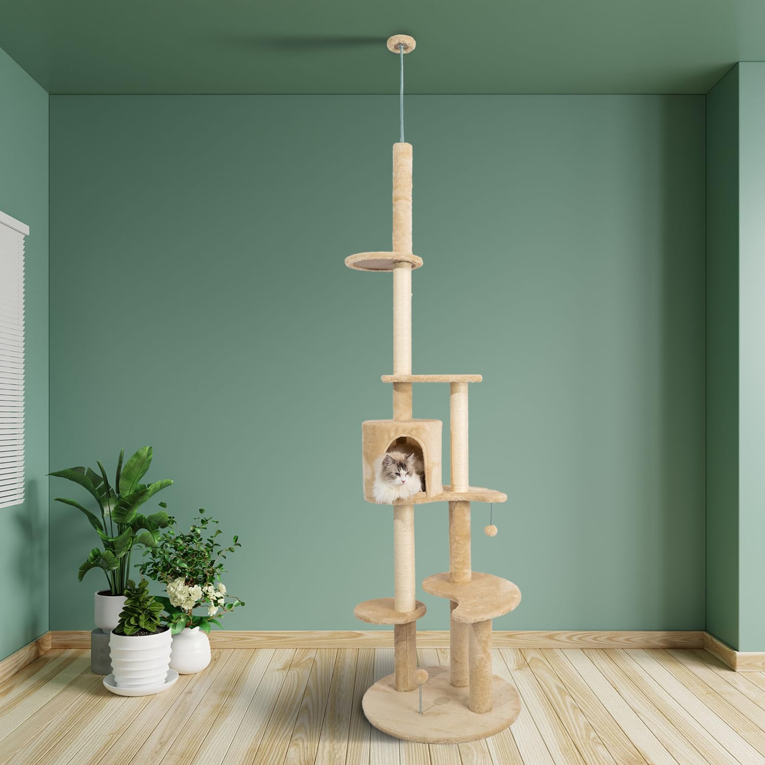 Albero Tiragraffi per Gatti Alto 246 cm con Cuccia, Graffiatoio e Fissaggio Antiribaltamentyo, Sky Beige