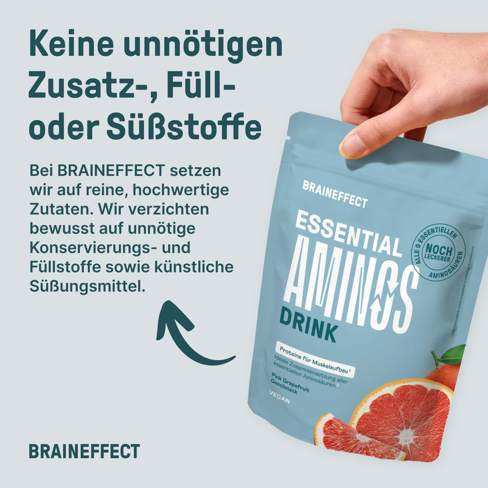 BRAINEFFECT Essential Aminos - Vollständiges Aminosäureprofil (11 Aminosäuren) - Grapefruit Geschmack (270g)