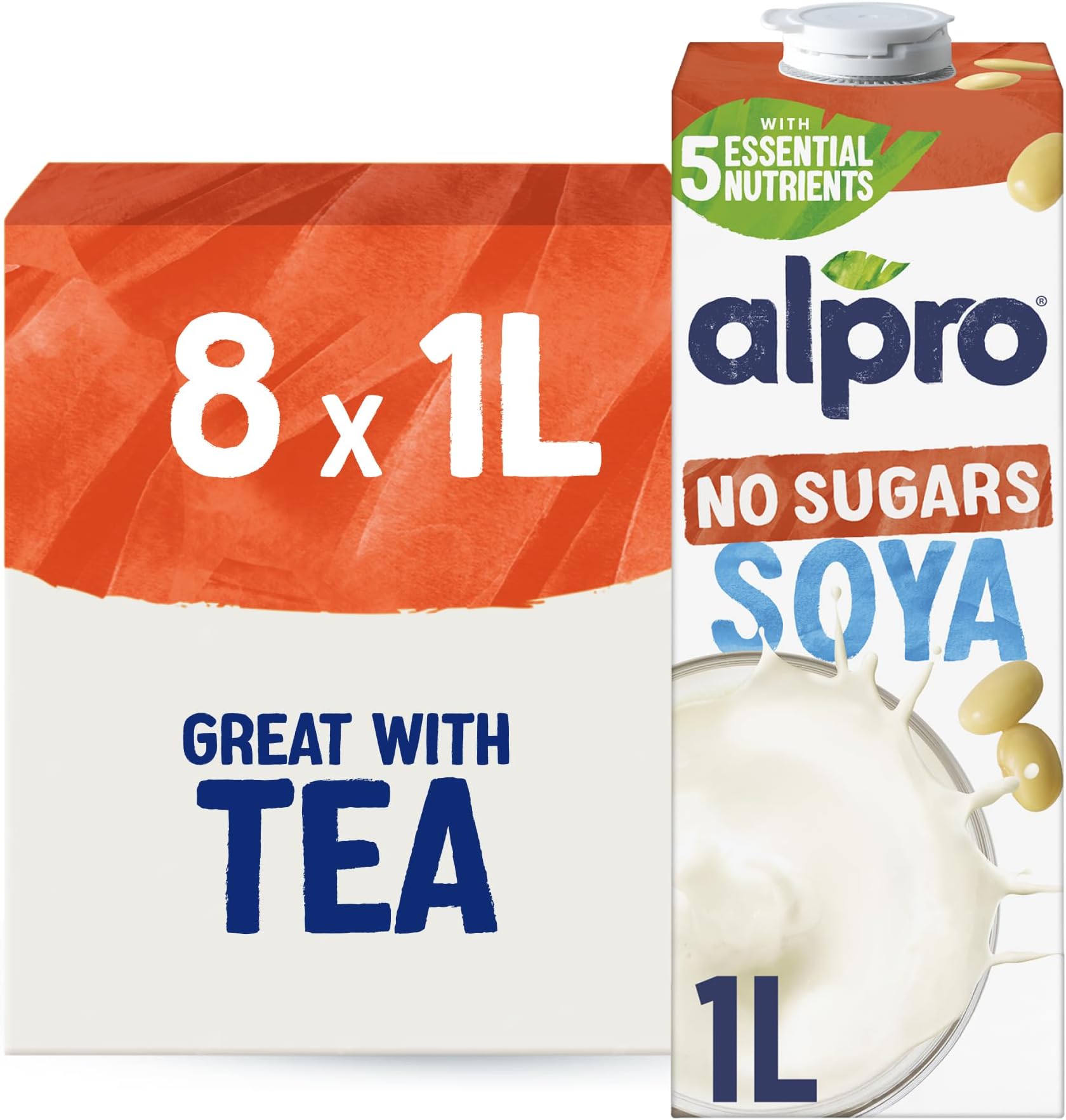 Alpro Soya Drink - No Sugars - Unsweetened Plant-Based Long Life Dairy Free & Lactose Free Milk Alternative - 1L (Pack of 8)