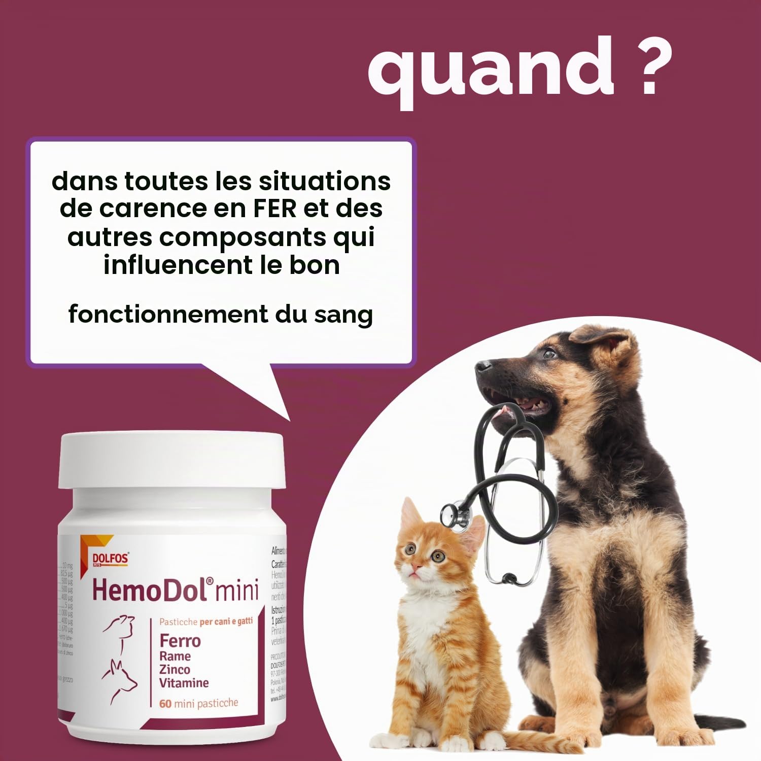 Pets Dolfos Hemodol 60 Mini comprimés - Support complémentaire pour chien et chat pour anémie - Formule avancée contre la carence en fer - Contient du fer, du cuivre zinc et des vitamines
