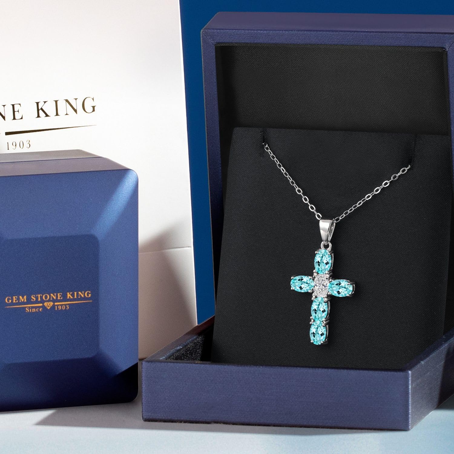 Gem Stone King 925 Sterling Silver Blue Apatite and Lab Grown Diamond Cross Pendant Necklace for Women | 3.02 Cttw | Gemstone Birthstone | Oval 6X4MM | With 18 Inch Chain - Image 5